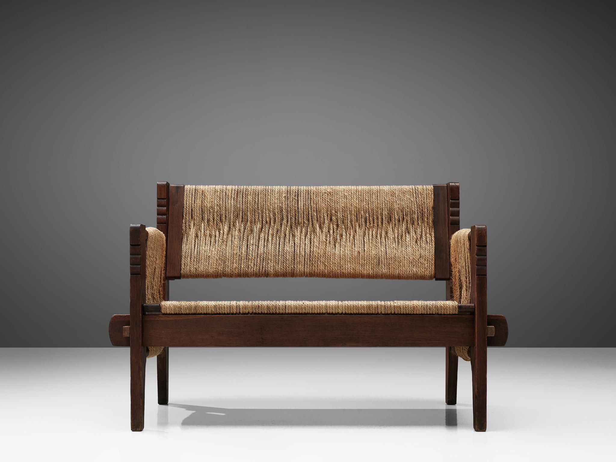 Mid-20th Century Mexican Bench in Oak and Rope, 1950s