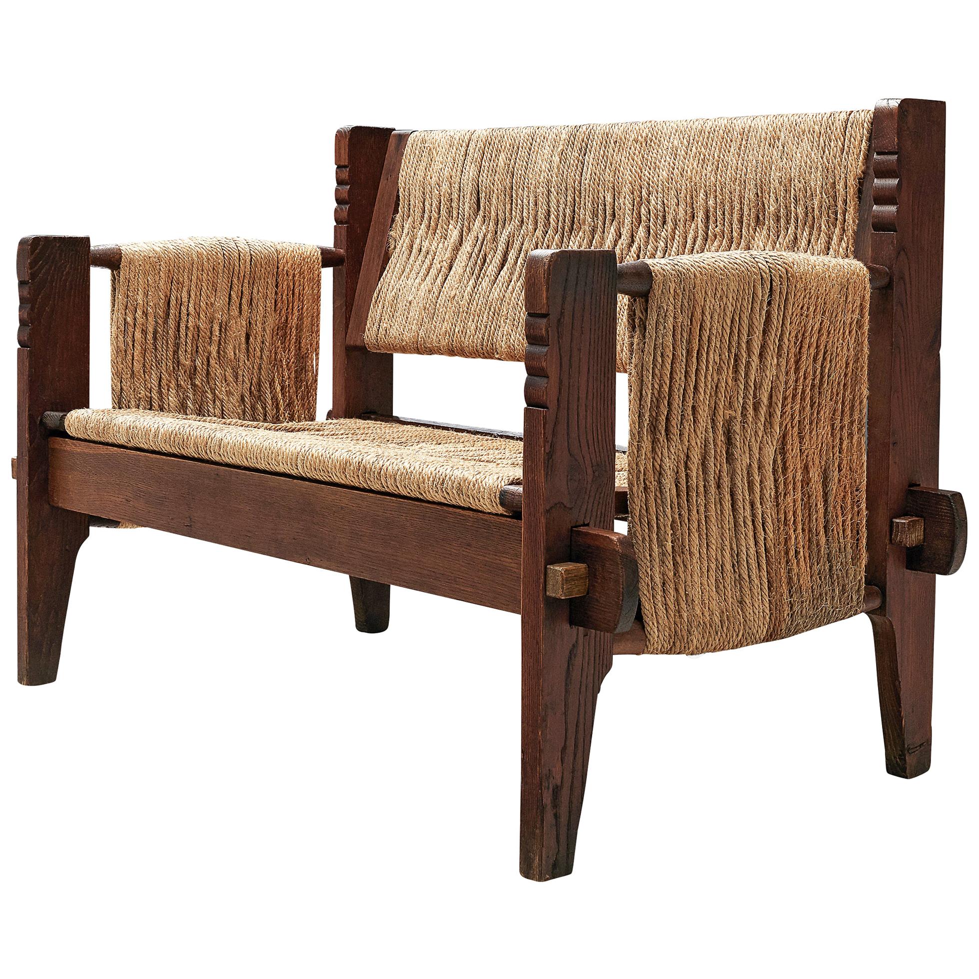 Mexican Bench in Oak and Rope, 1950s