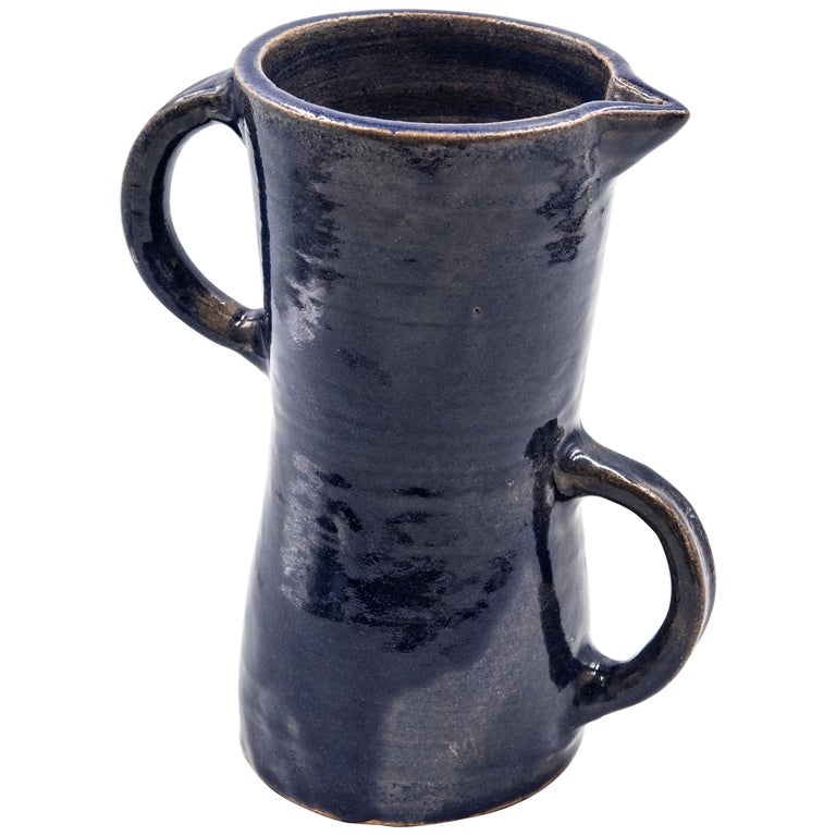 Mexican Blue Ceramic Water Pitcher Rustic Modern Clay Pottery For Sale