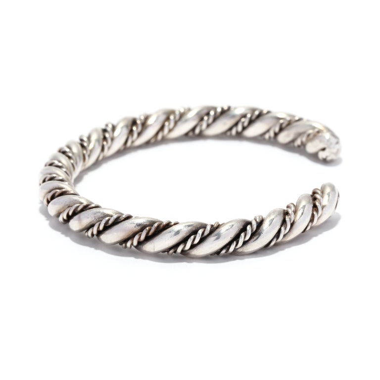 Women's or Men's Mexican Braided Cuff Bracelet, Sterling Silver, Thin Cuff For Sale