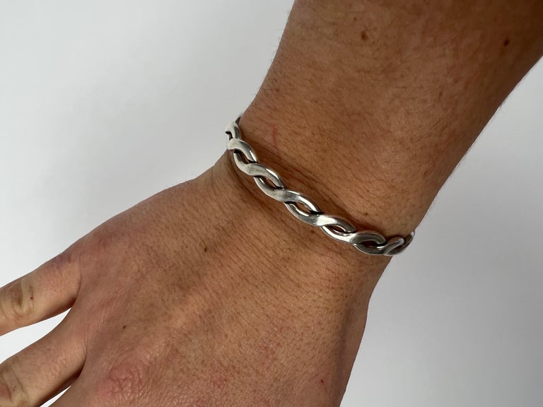 Mexican Braided Cuff Bracelet, Sterling Silver, Thin Cuff For Sale 2