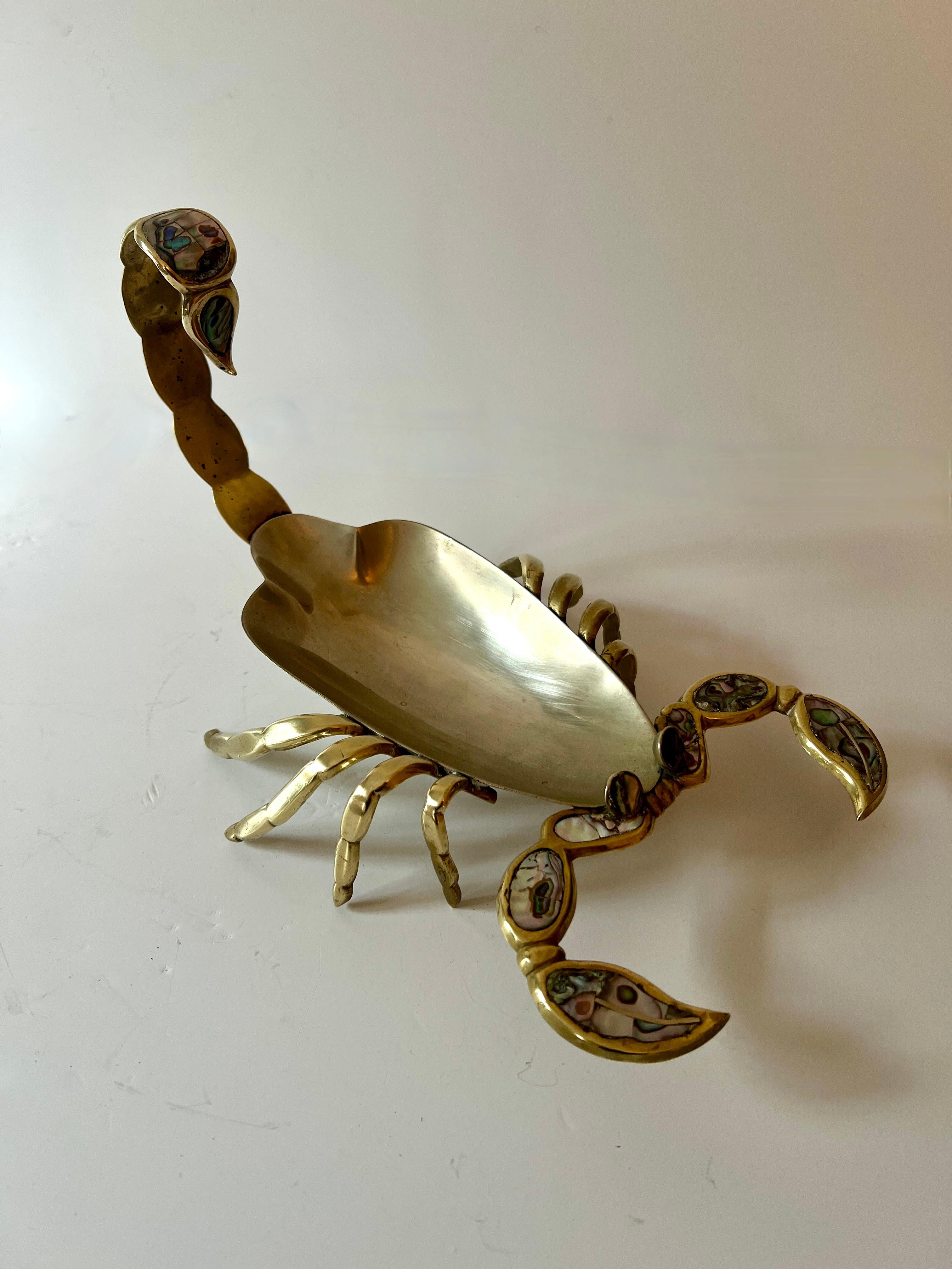 Mid-Century Modern Mexican Brass Abalone and Chrome Scorpion in the Style of Los Castillo For Sale