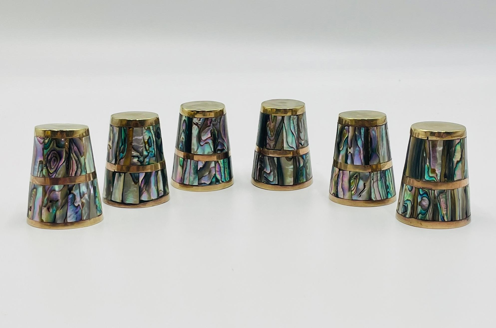 Mexican Brass & Abalone Shot Glass Set with Tray, 1950s For Sale 4