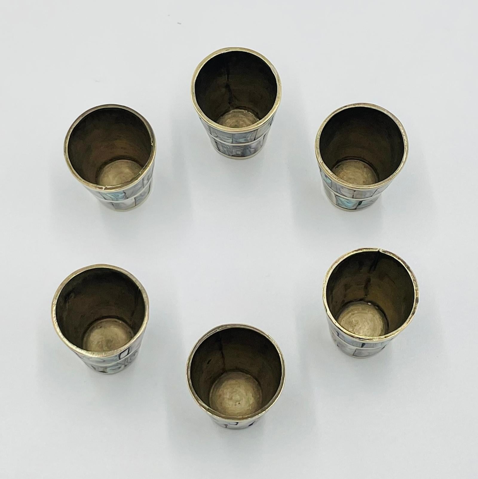 Mexican Brass & Abalone Shot Glass Set with Tray, 1950s For Sale 5