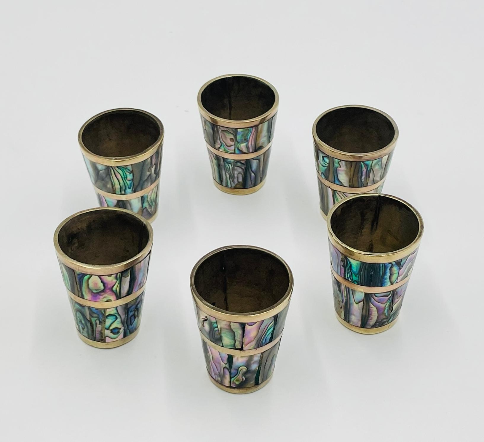 Mexican Brass & Abalone Shot Glass Set with Tray, 1950s For Sale 6