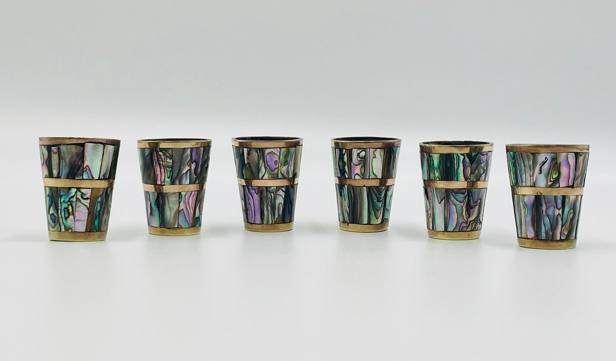 Mexican Brass & Abalone Shot Glass Set with Tray, 1950s For Sale 7