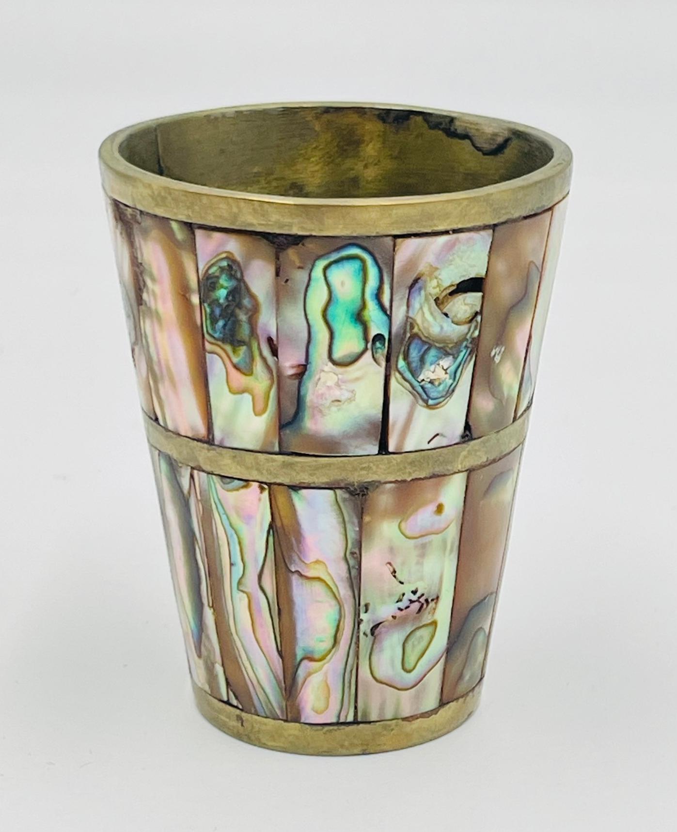 Mexican Brass & Abalone Shot Glass Set with Tray, 1950s For Sale 8