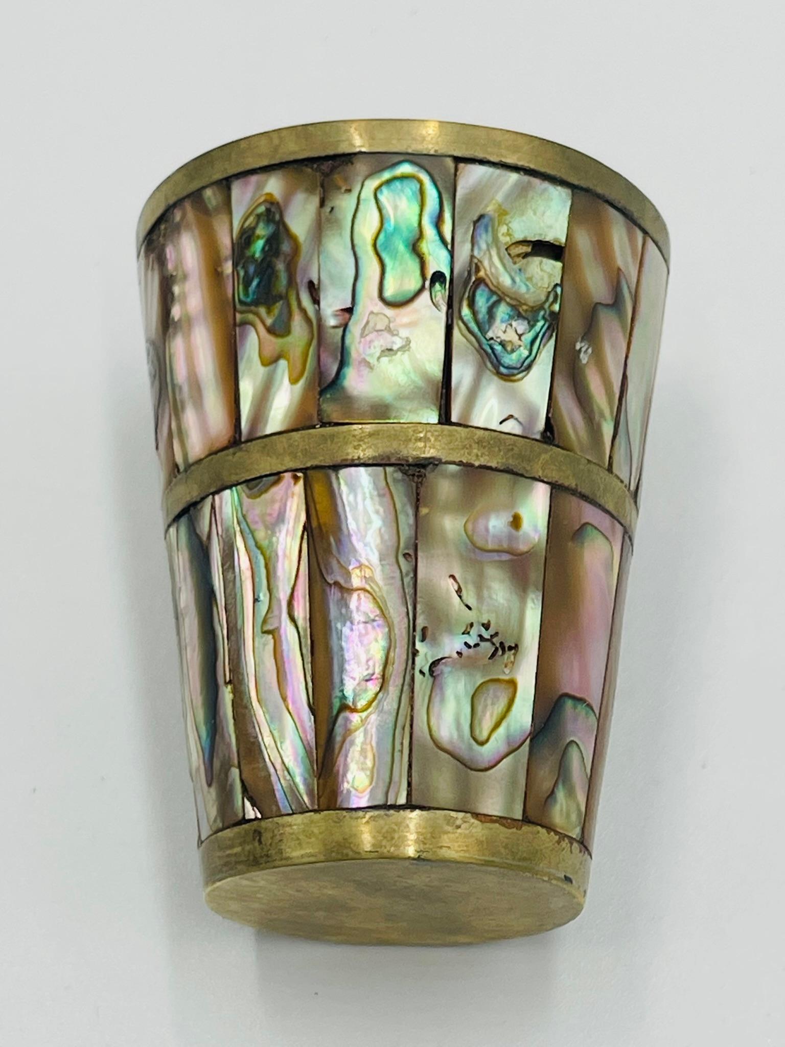 Mexican Brass & Abalone Shot Glass Set with Tray, 1950s For Sale 9