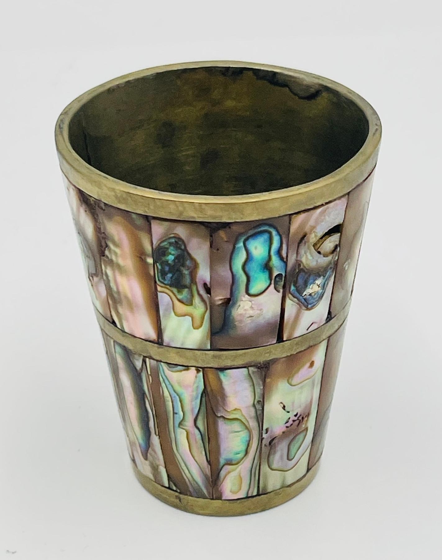 Mexican Brass & Abalone Shot Glass Set with Tray, 1950s For Sale 10