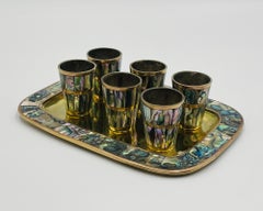 Mexican Brass & Abalone Shot Glass Set with Tray, 1950s