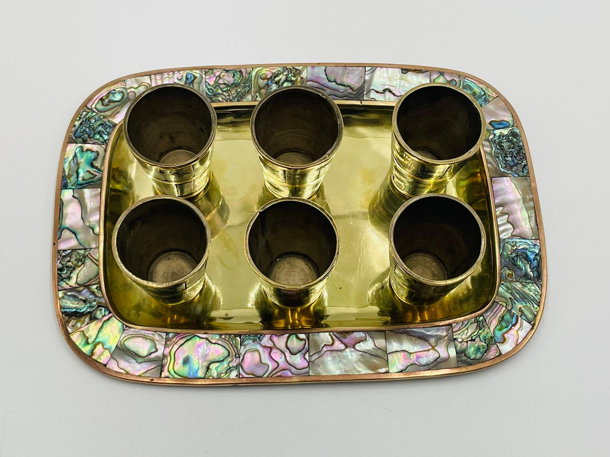 Mid-Century Modern Mexican Brass & Abalone Shot Glass Set with Tray, 1950s For Sale