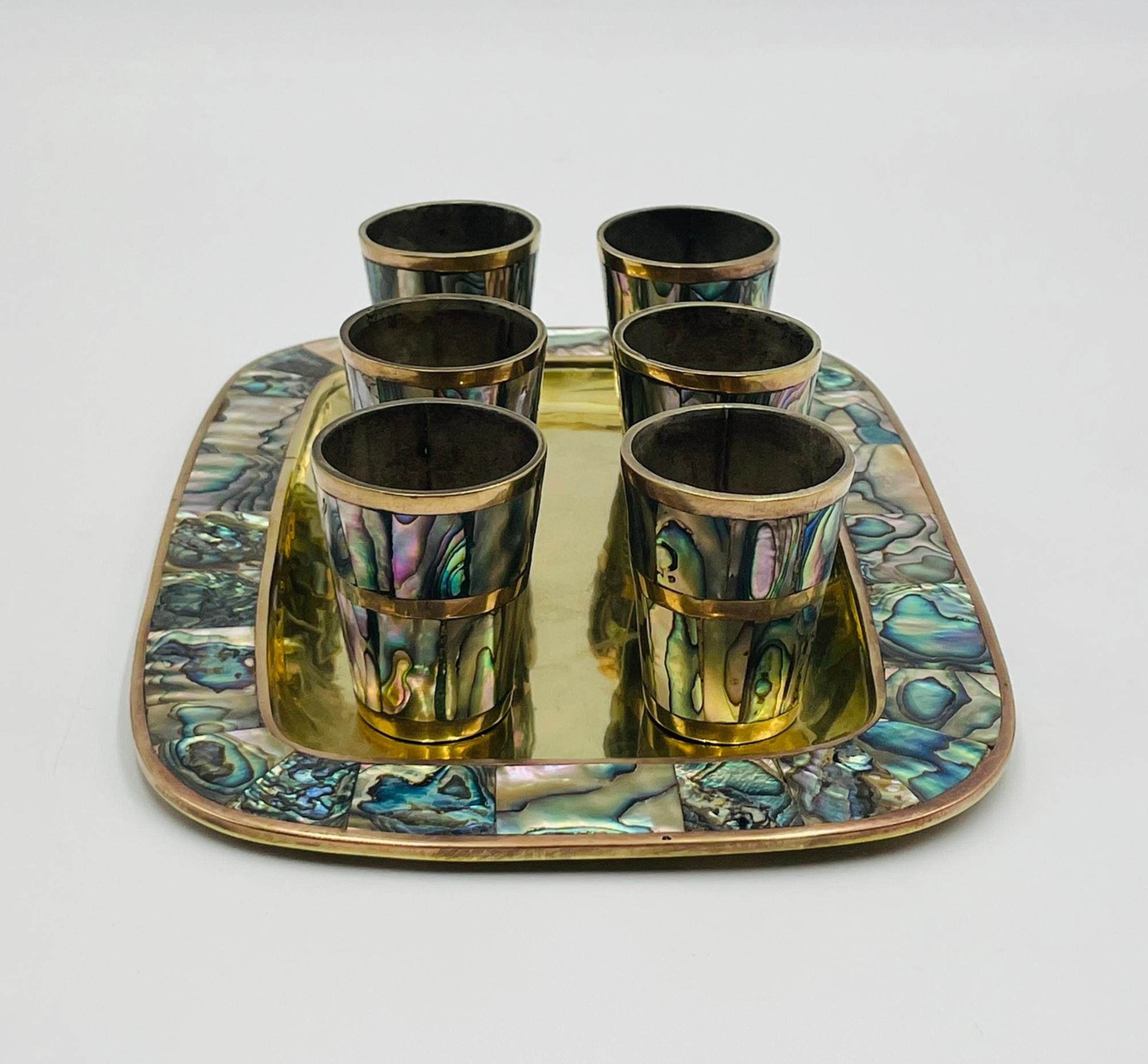 Hand-Crafted Mexican Brass & Abalone Shot Glass Set with Tray, 1950s For Sale
