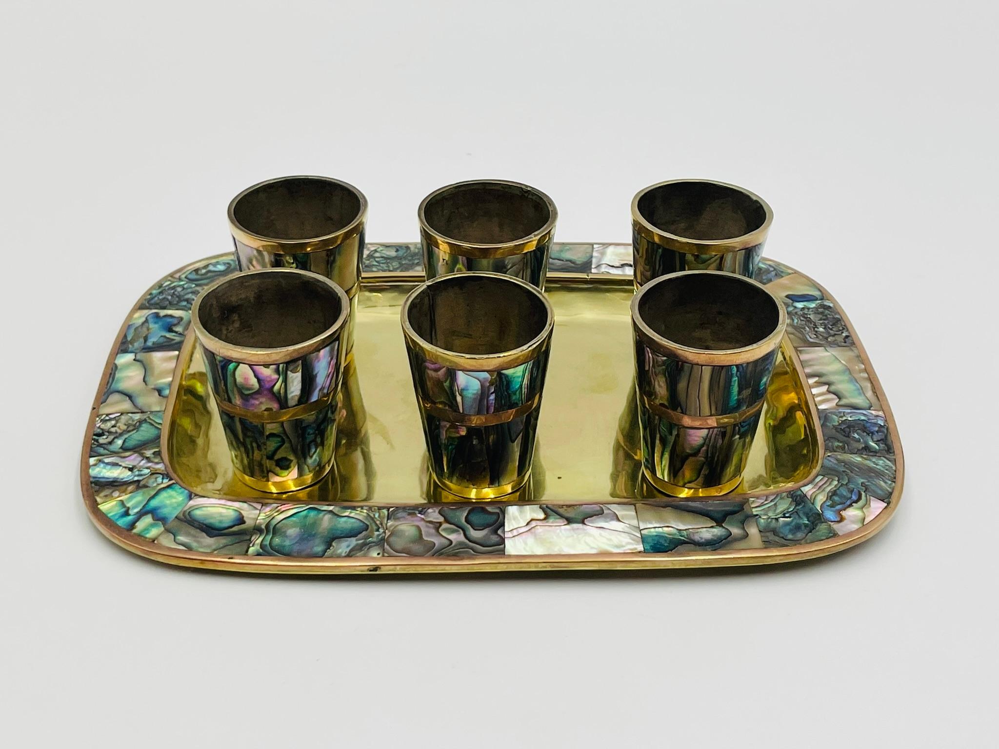Mexican Brass & Abalone Shot Glass Set with Tray, 1950s In Good Condition For Sale In Los Angeles, CA