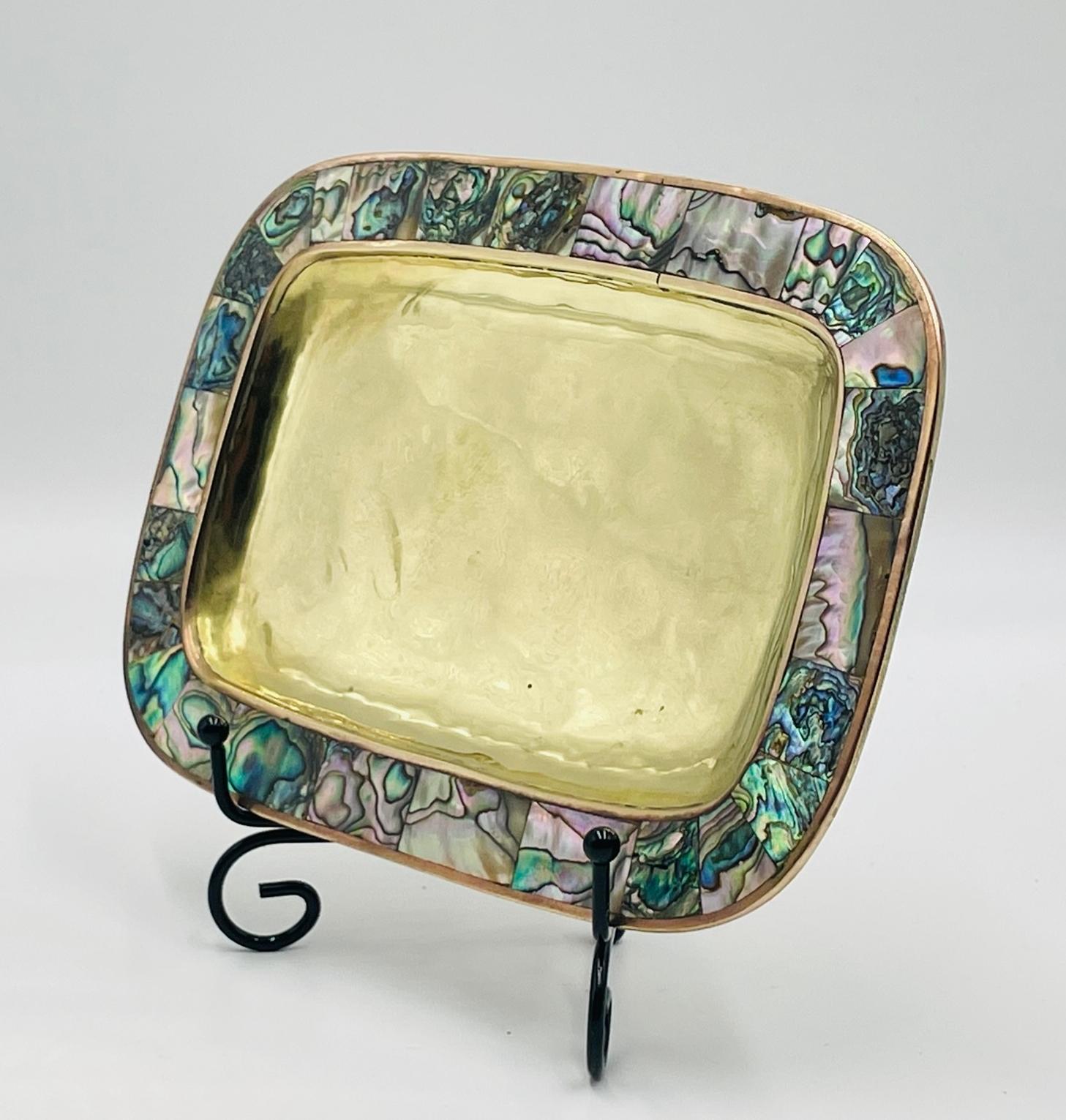 Mid-20th Century Mexican Brass & Abalone Shot Glass Set with Tray, 1950s For Sale