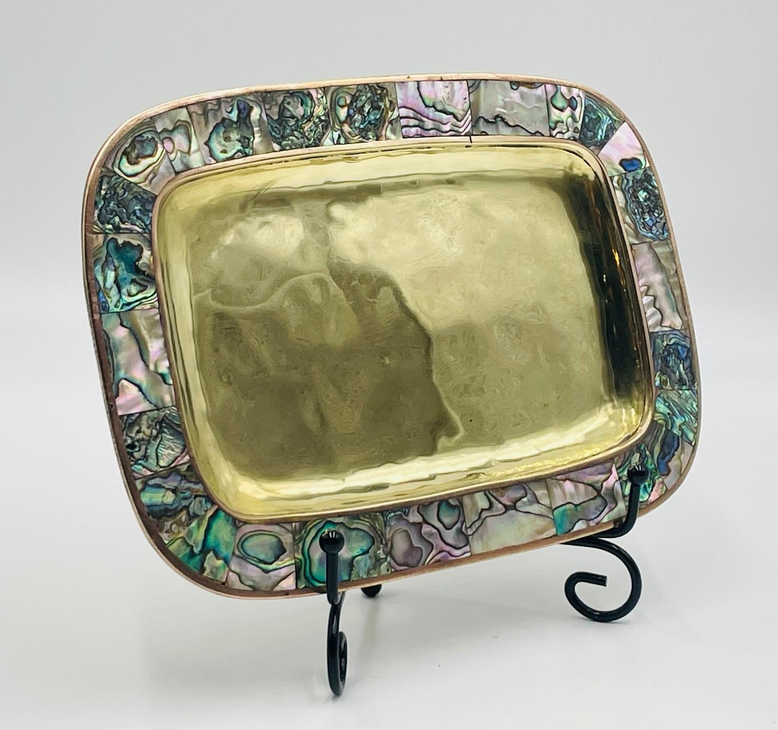 Mexican Brass & Abalone Shot Glass Set with Tray, 1950s For Sale 1