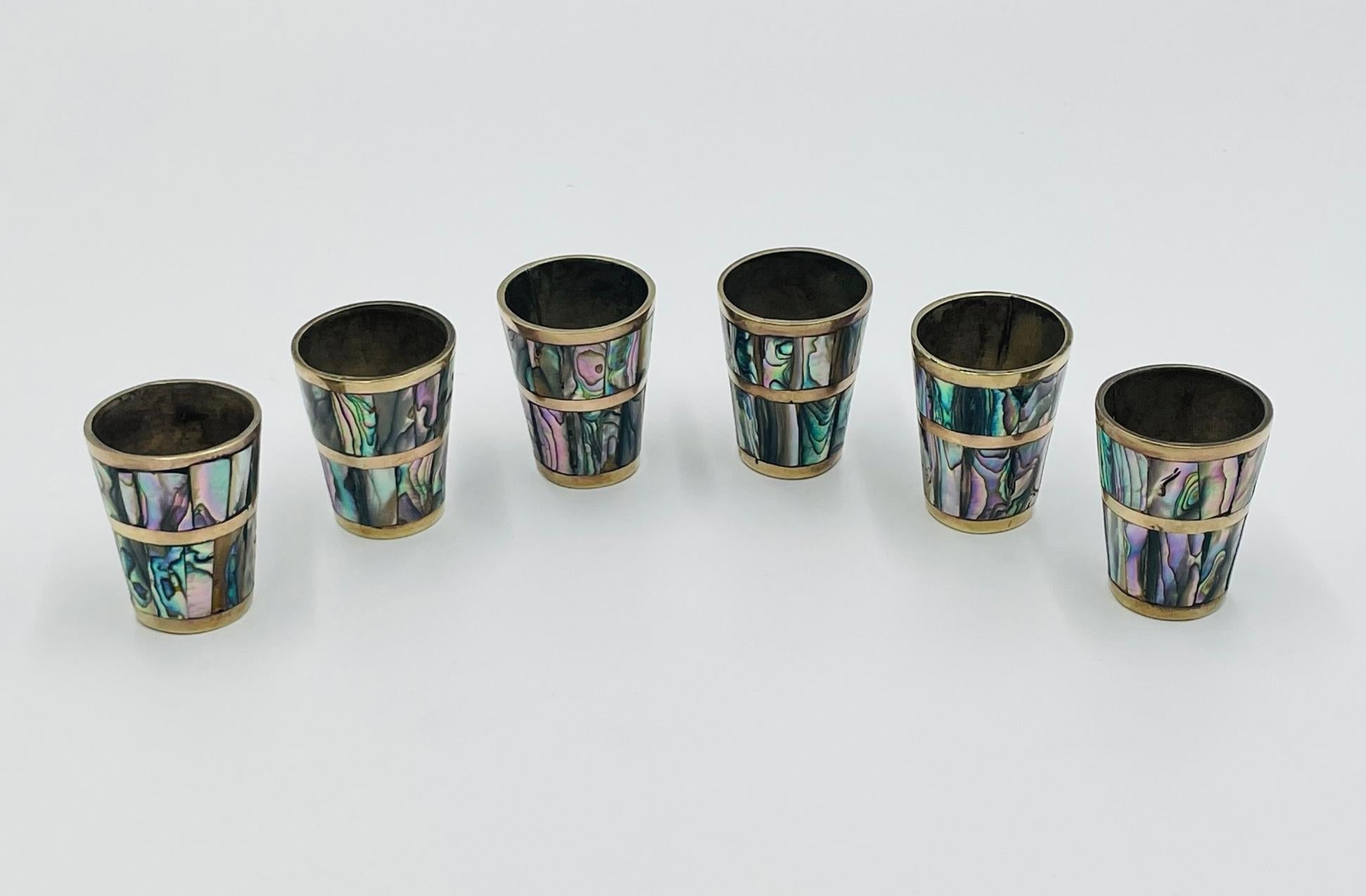 Mexican Brass & Abalone Shot Glass Set with Tray, 1950s For Sale 2