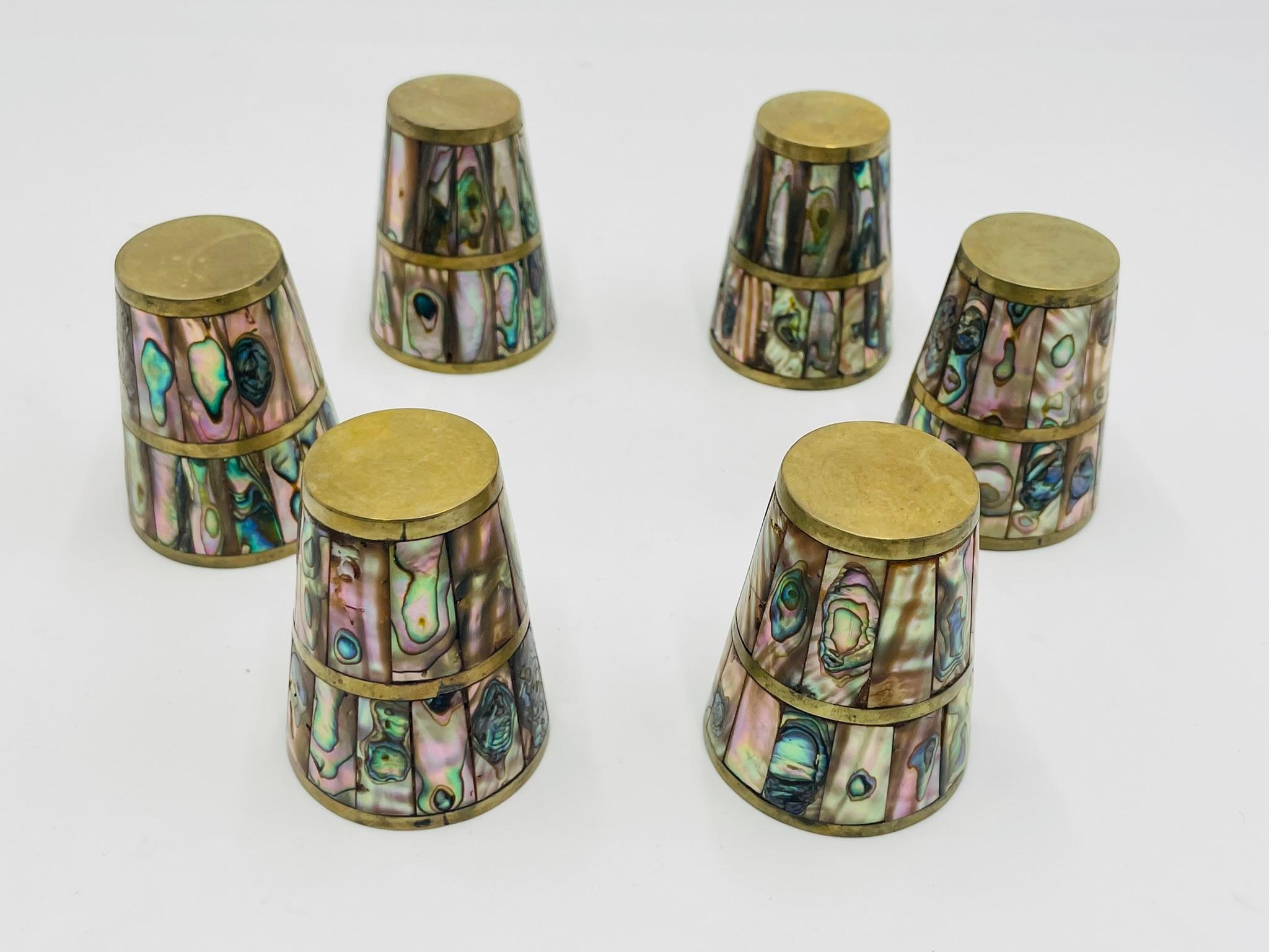 Mexican Brass & Abalone Shot Glass Set with Tray, 1950s For Sale 3