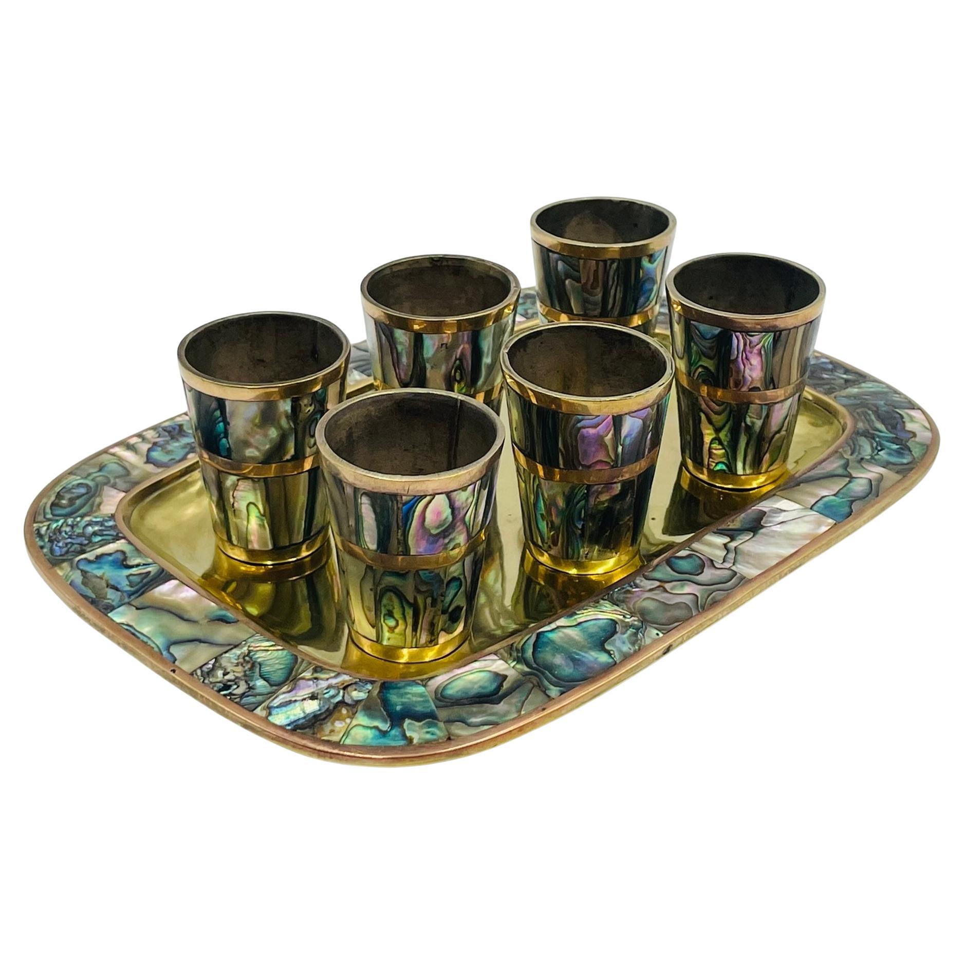 Mexican Brass & Abalone Shot Glass Set with Tray, 1950s