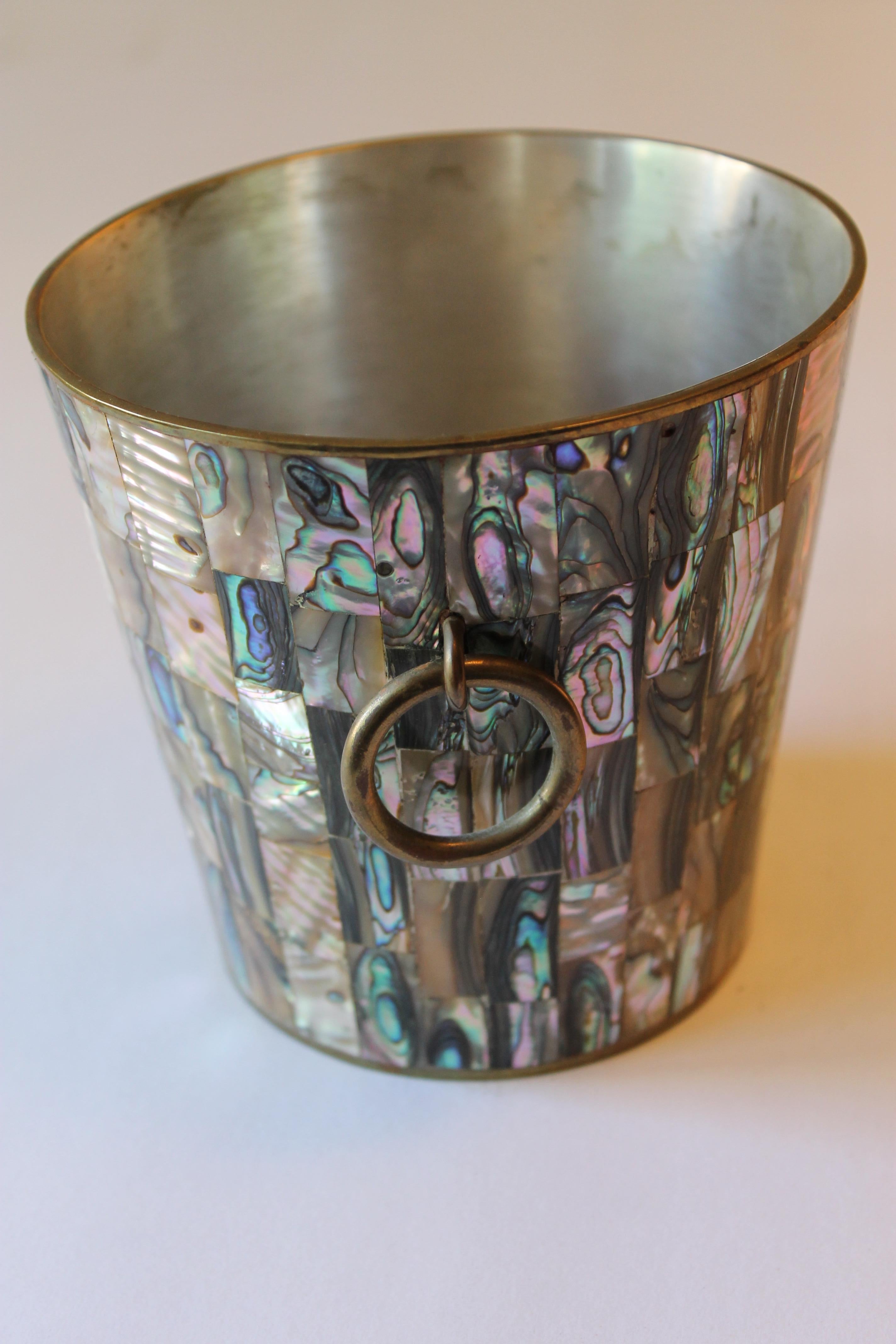 Mexican Brass and Abalone Ice Bucket In Excellent Condition In Palm Springs, CA