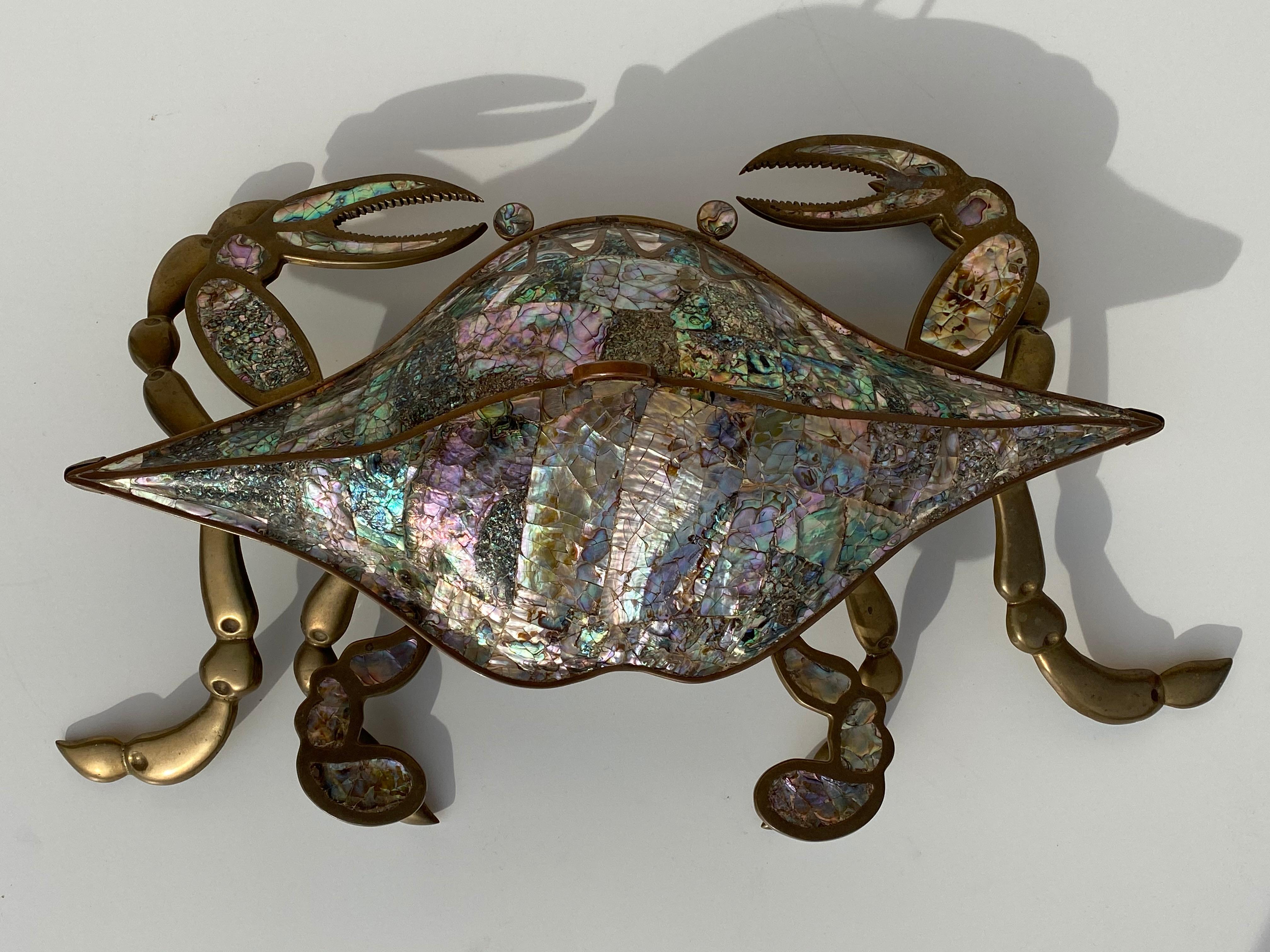 Mexican brass and abalone shell crab family serving dish in the style of Los Castillos. Mamma crab has a abalone shell covered lid and measures 12