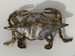 Mexican Brass and Abalone Shell Crab Family Serving Dish
