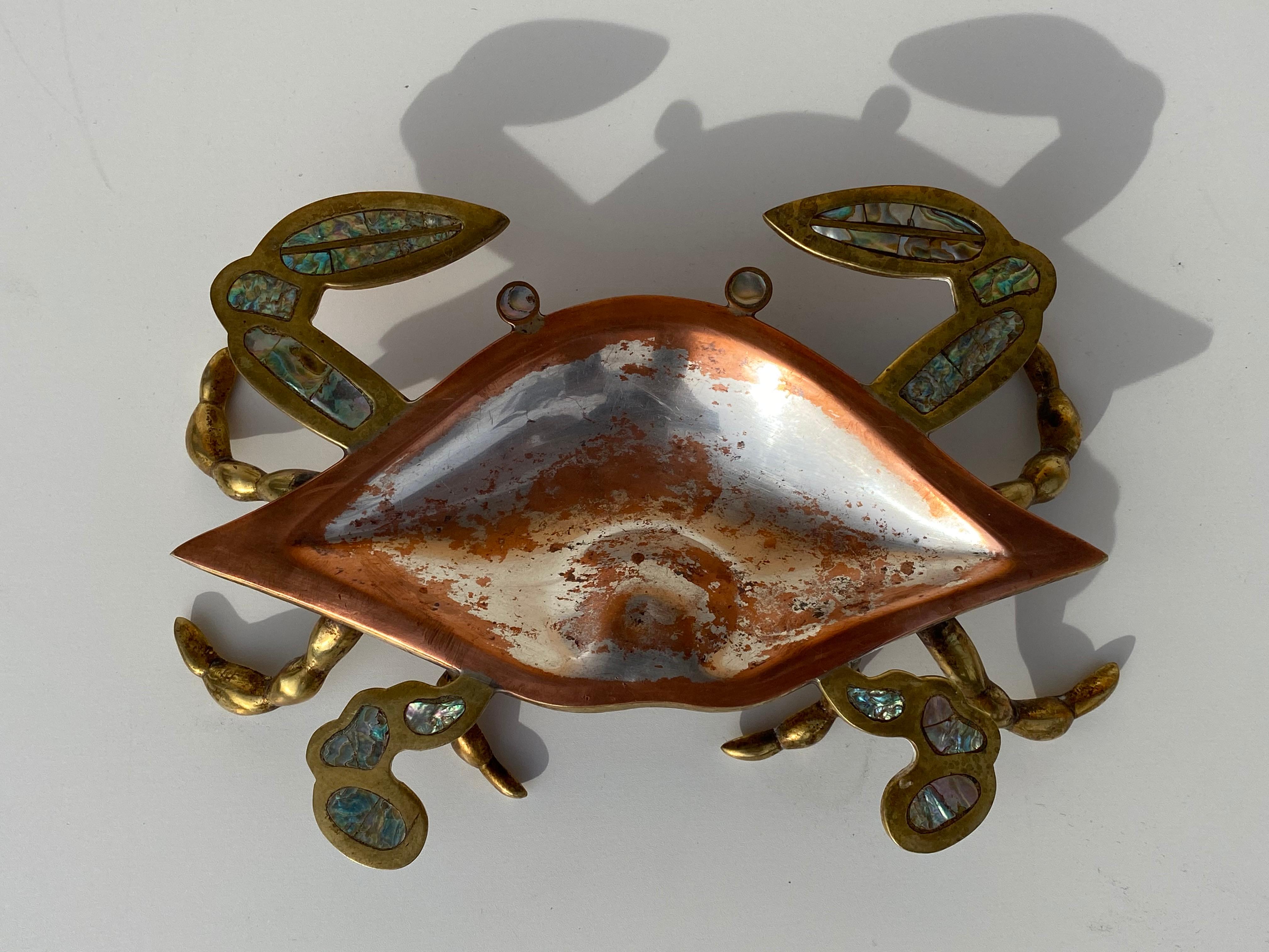 Hollywood Regency Mexican Brass and Abalone Shell Crab Family Serving Dish For Sale