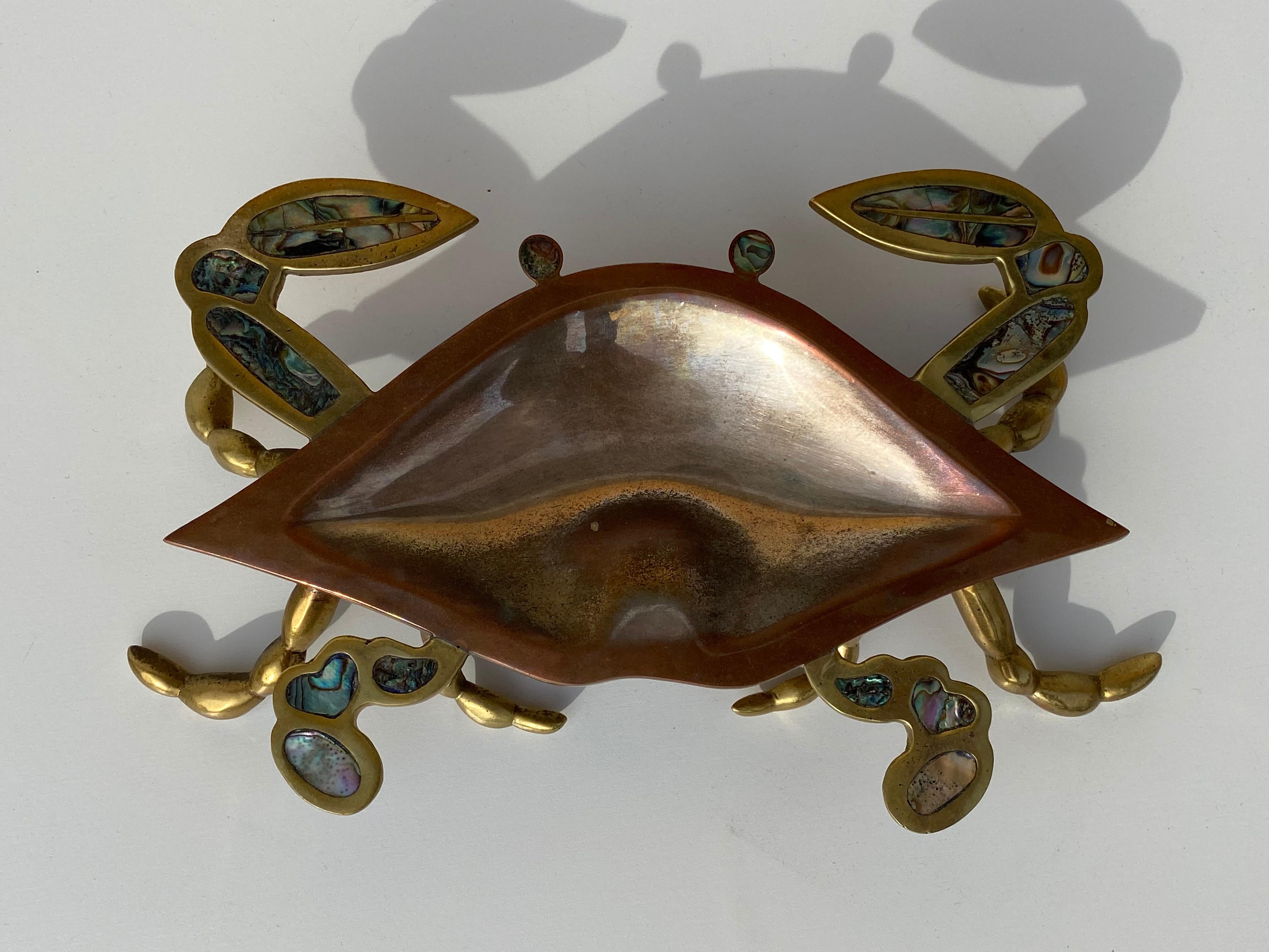 Patinated Mexican Brass and Abalone Shell Crab Family Serving Dish For Sale