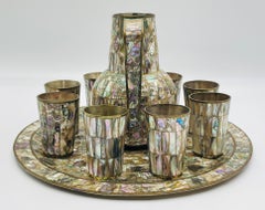 Mexican Brass and Abalone Shell Pitcher Set with Tray and Eight Cups, 1950s