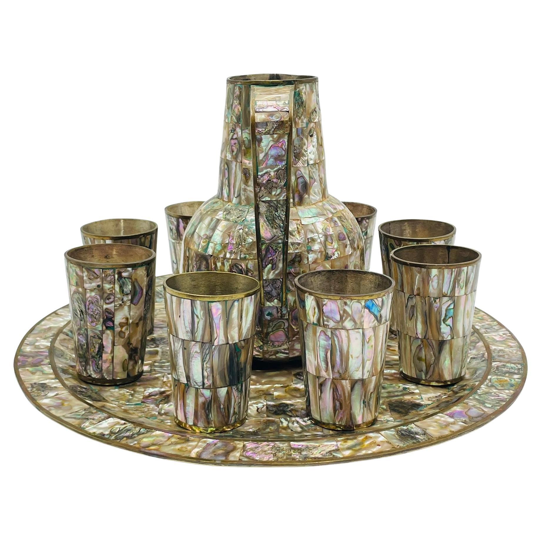 Mexican Brass and Abalone Shell Pitcher Set with Tray and Eight Cups, 1950s