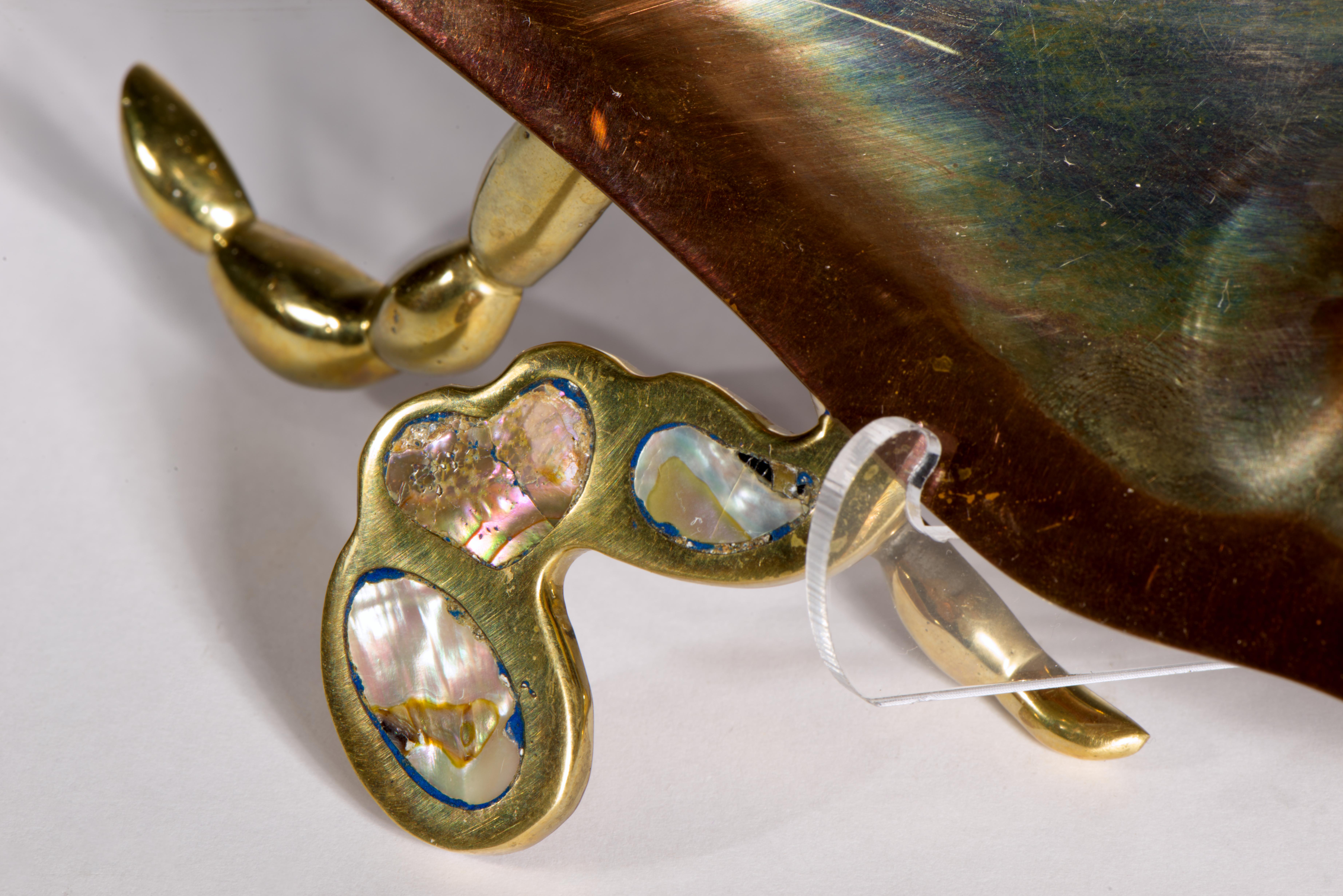 Mexikanische Messing Kupfer Abalone Shell Crab Sculpture Tablett servieren Gericht, signiert im Angebot 6