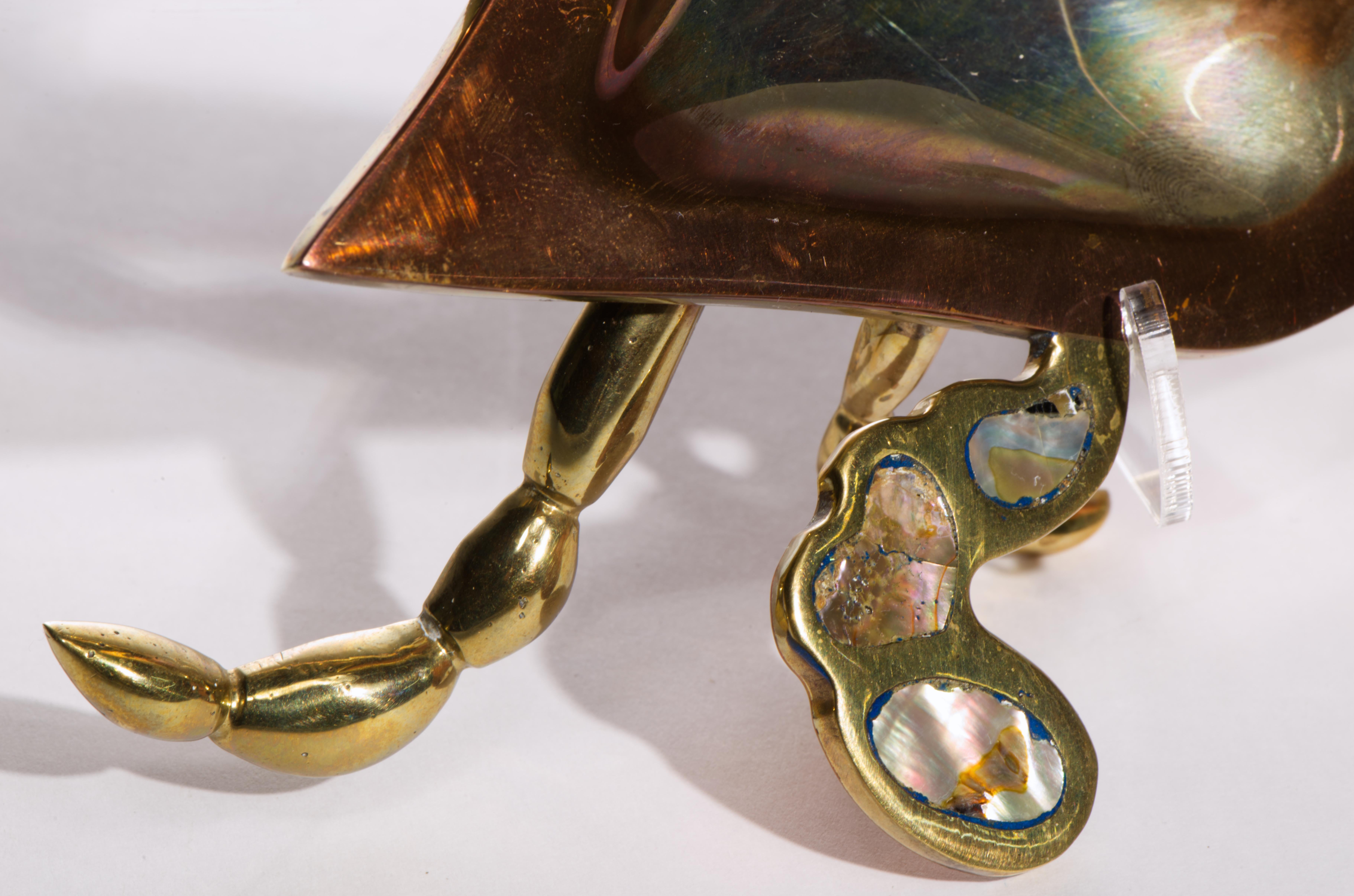 Mexikanische Messing Kupfer Abalone Shell Crab Sculpture Tablett servieren Gericht, signiert im Angebot 7