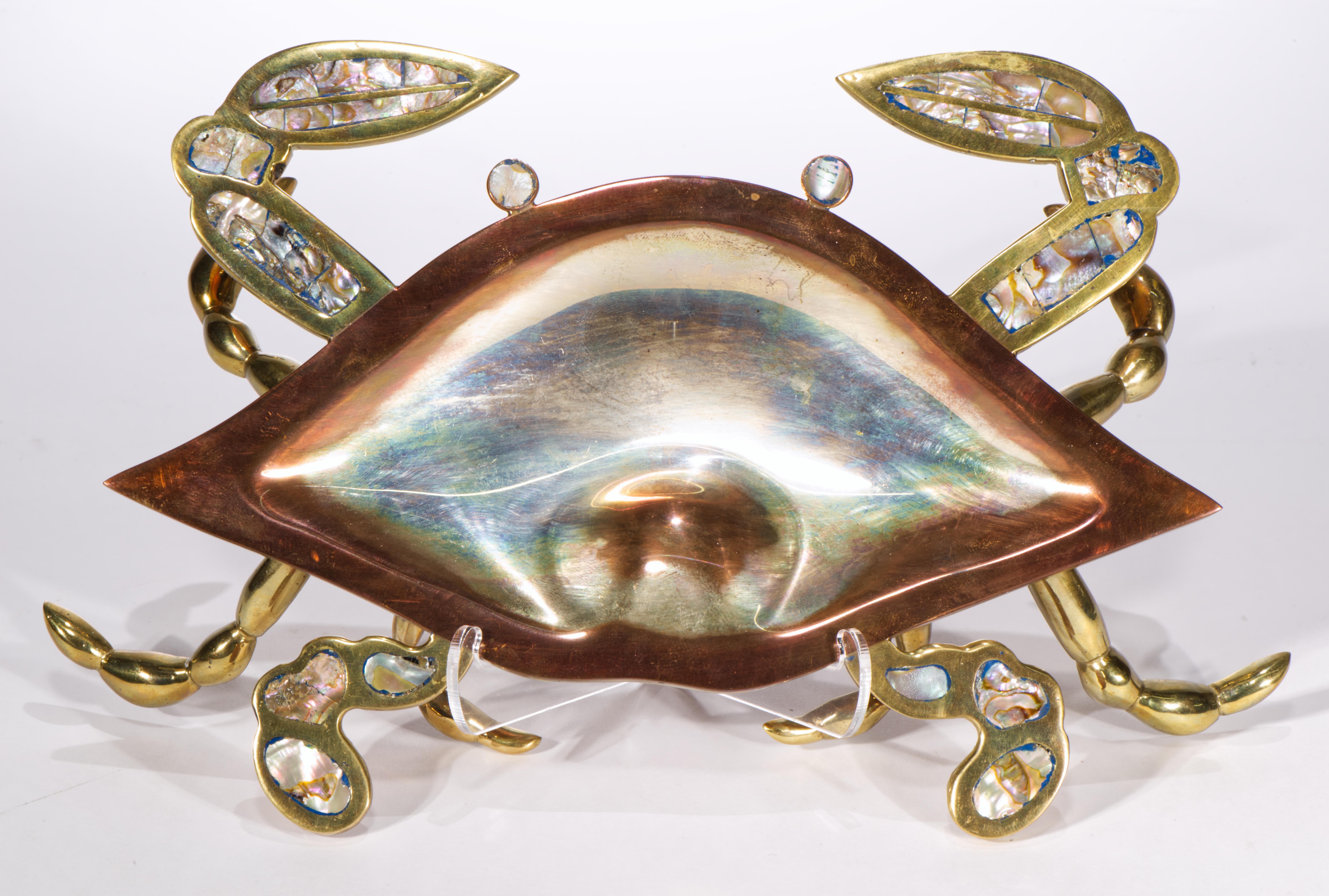 Mexikanische Messing Kupfer Abalone Shell Crab Sculpture Tablett servieren Gericht, signiert im Angebot 8