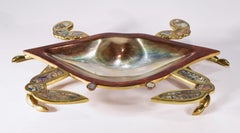 Scultura di granchio messicana in ottone e rame con conchiglia di abalone, vassoio da portata, firmata