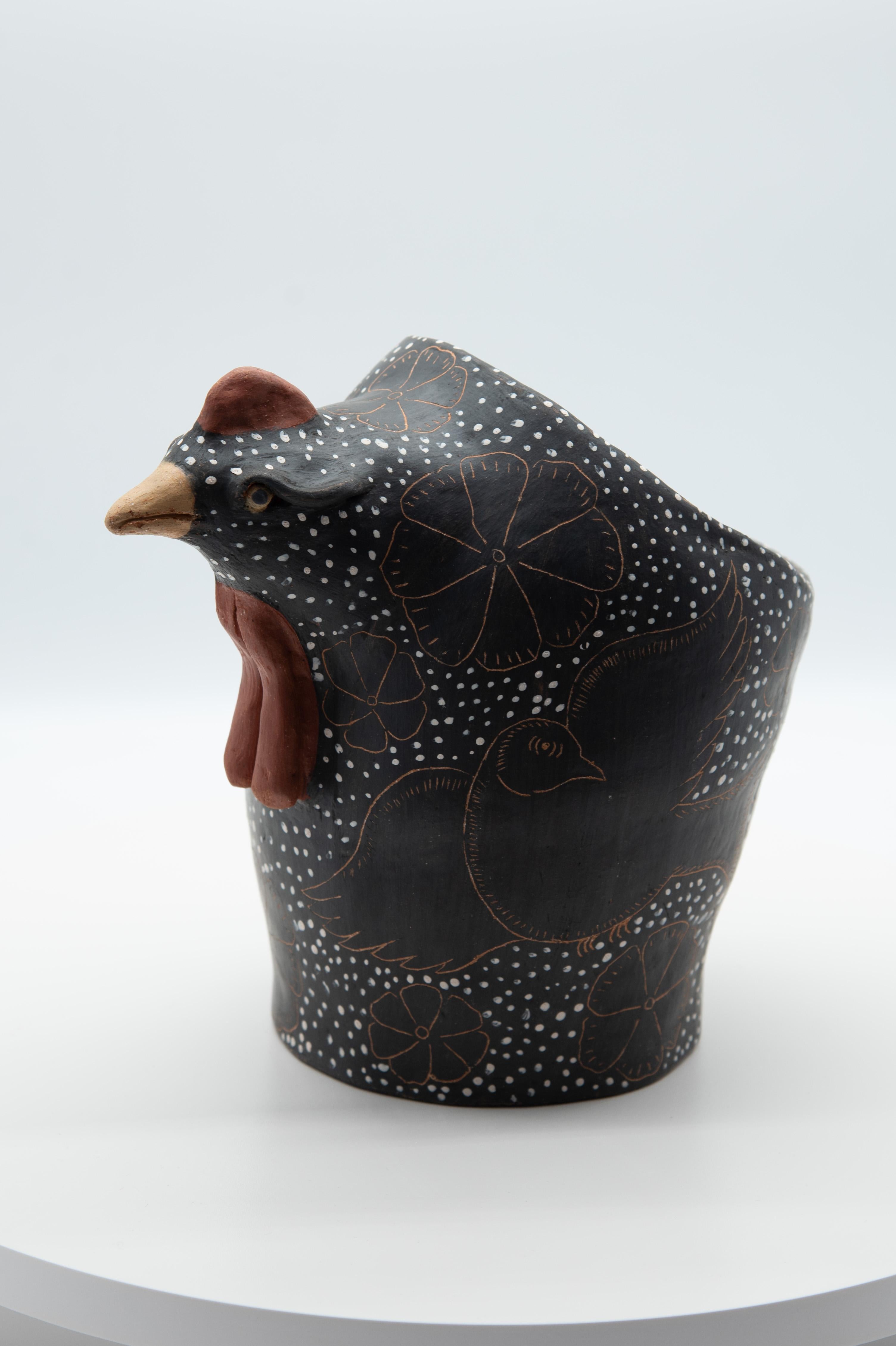 Panier à oeufs de poule de cuisine en argile brunie mexicaine Décoration de la poule noire en vente 7