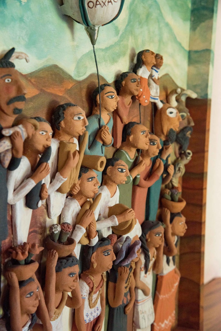 Hand-Crafted Mexican Burnished Clay Figures Folklore with Wooden Frame Folk Art Oaxaca Wall For Sale