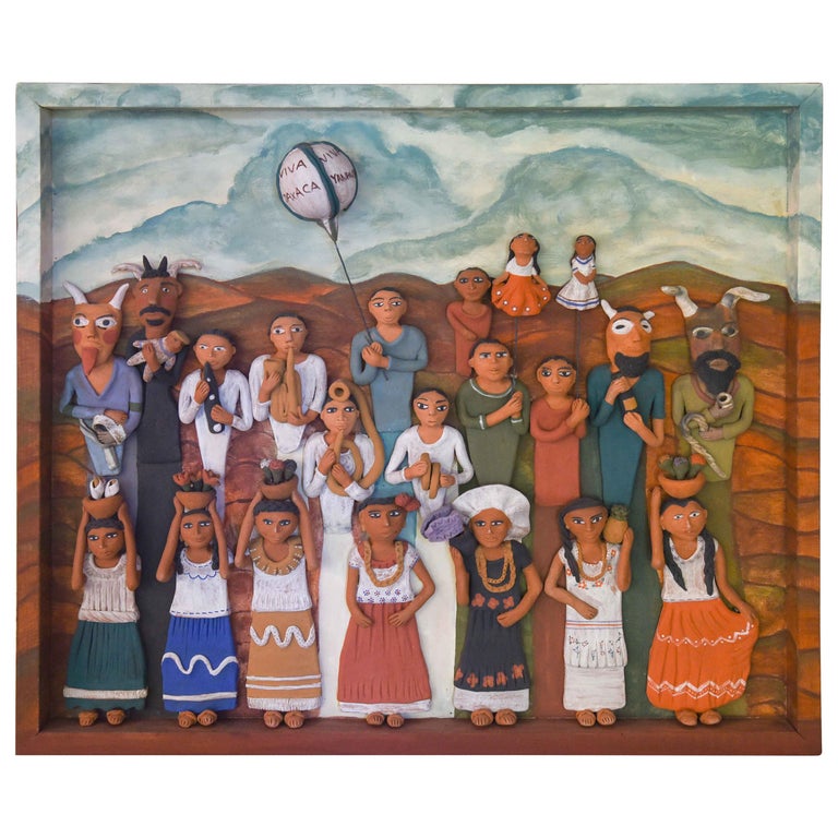 Mexican Burnished Clay Figures Folklore with Wooden Frame Folk Art Oaxaca Wall For Sale