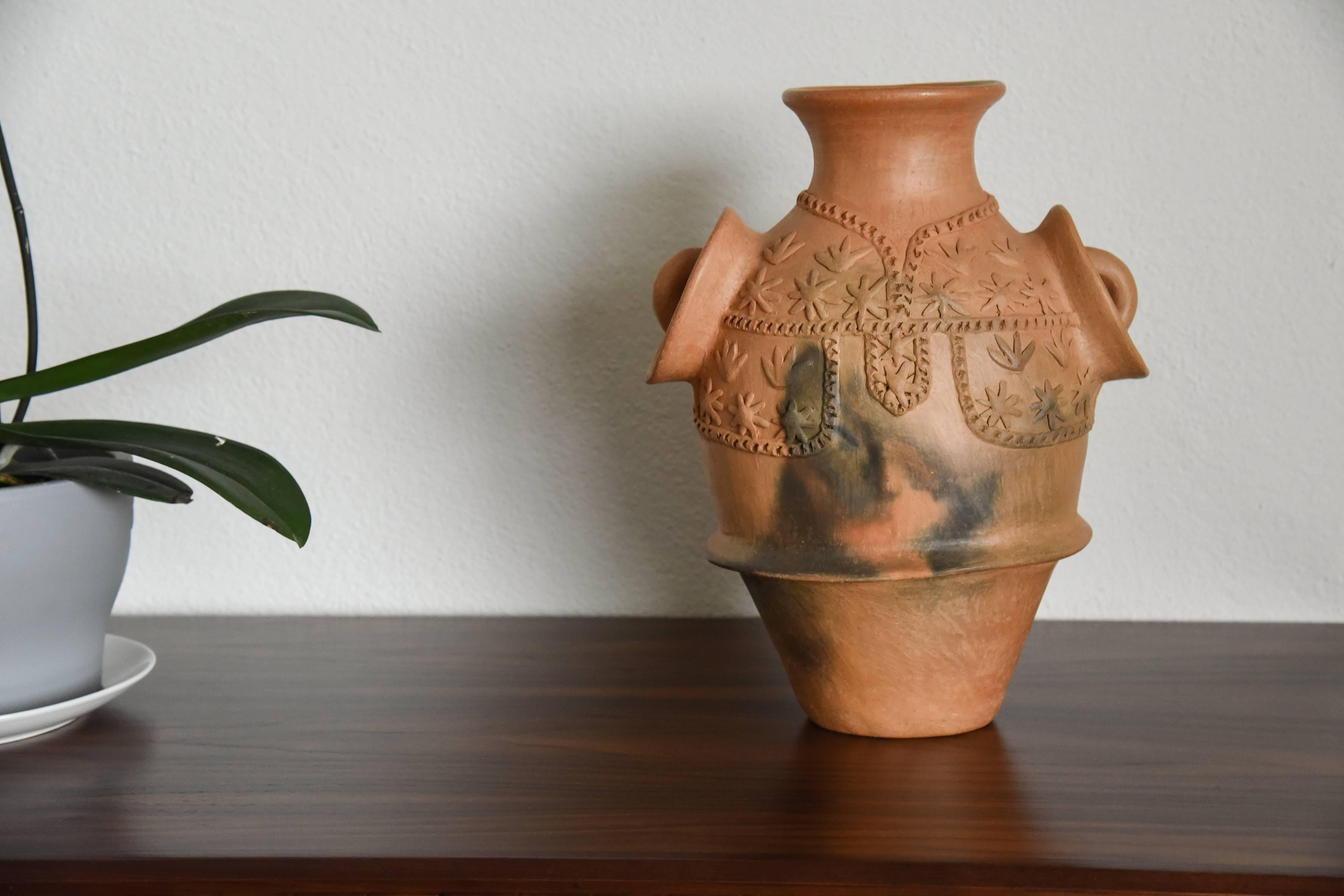 Rustic Mexican Burnished Clay Folk Art Terracotta Handmade Vase with Handles For Sale