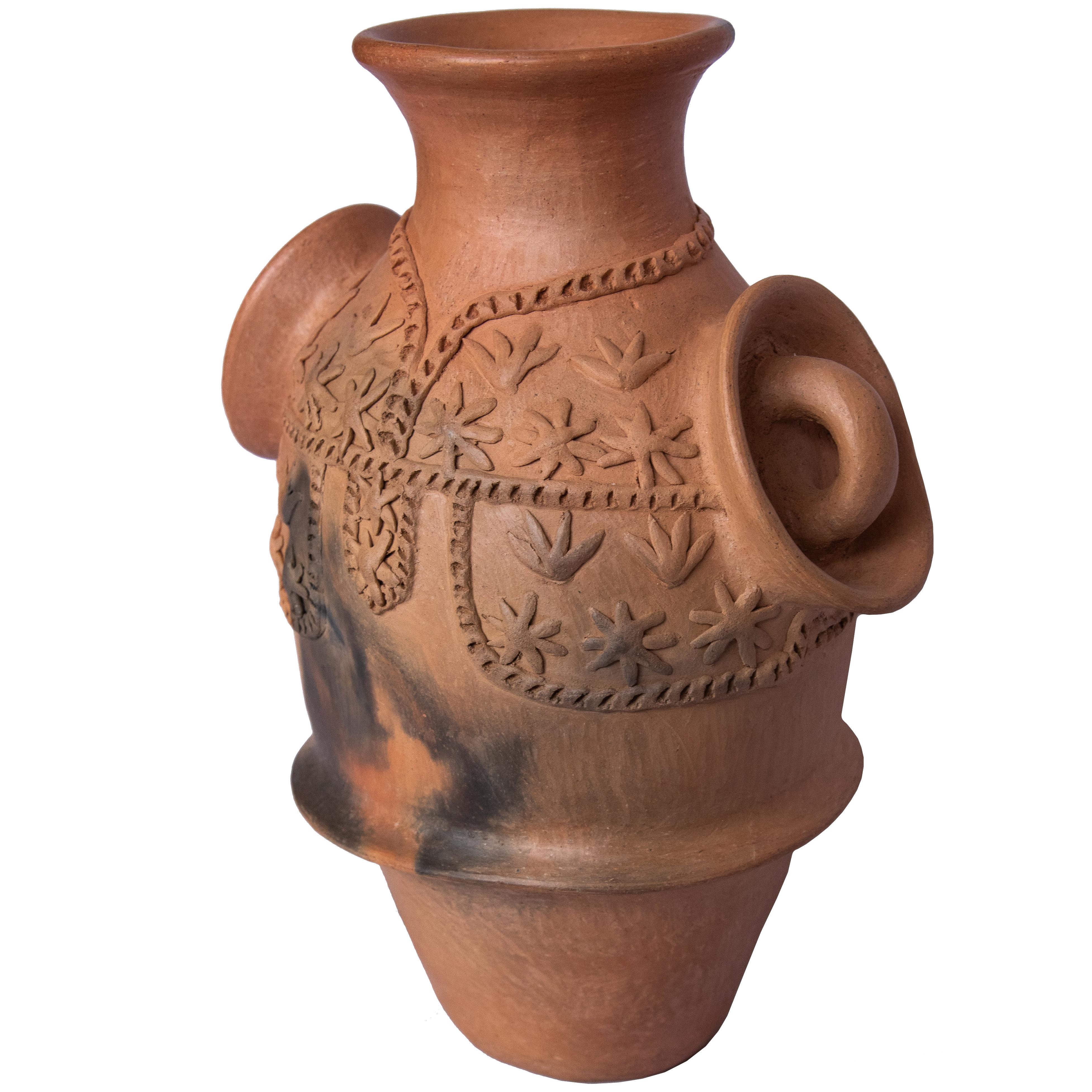 Hand-Crafted Mexican Burnished Clay Folk Art Terracotta Handmade Vase with Handles For Sale