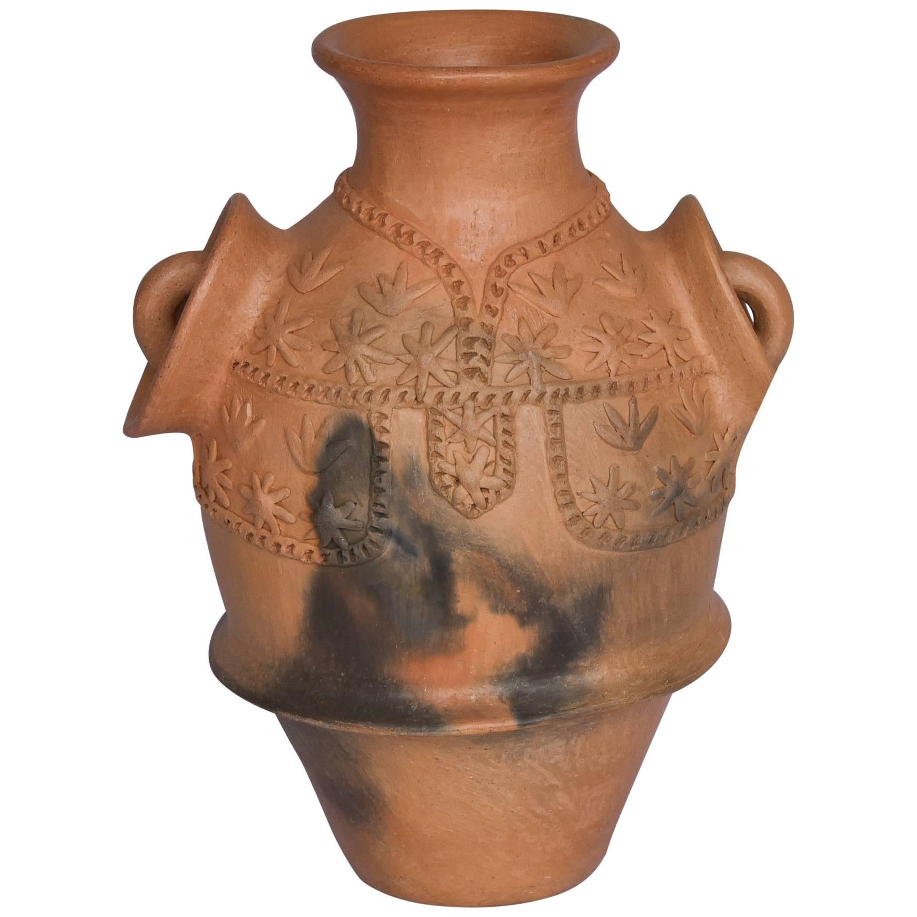 Mexican Burnished Clay Folk Art Terracotta Handmade Vase with Handles For Sale