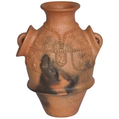 Mexican Burnished Clay Folk Art Terracotta Handmade Vase with Handles