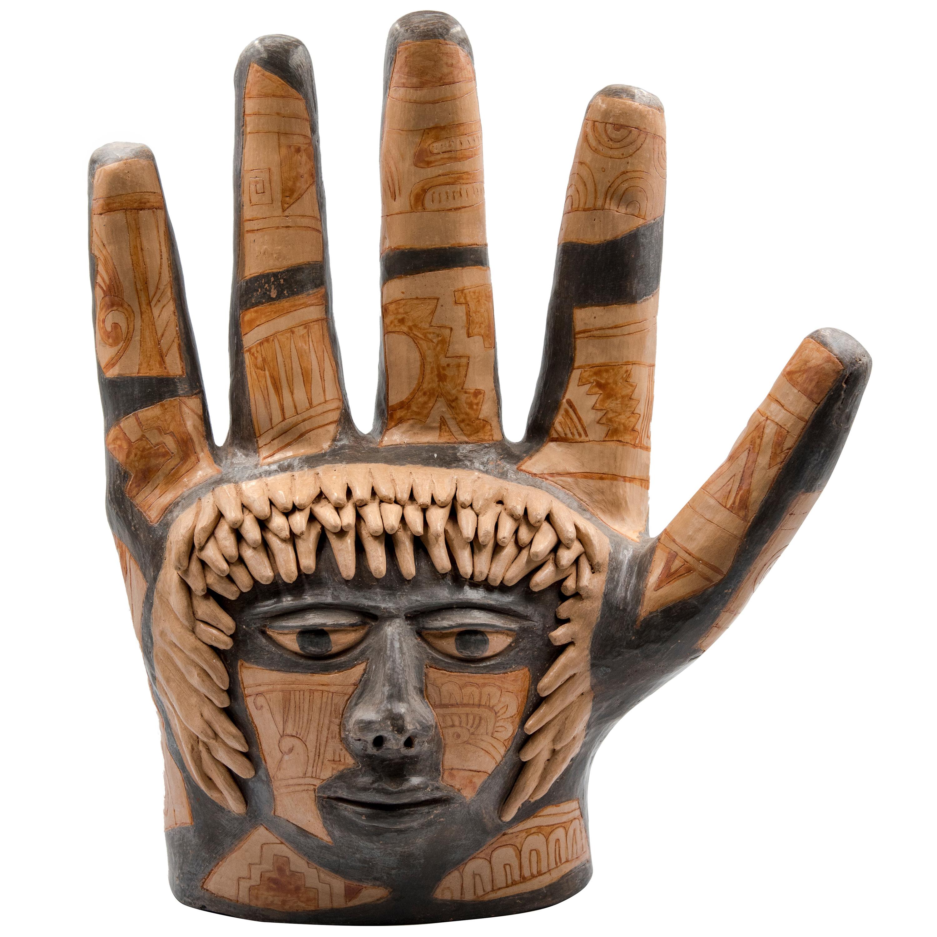 Mexican Burnished Clay Hand Oaxacan Sculpture Mixtec Ceramic with Face