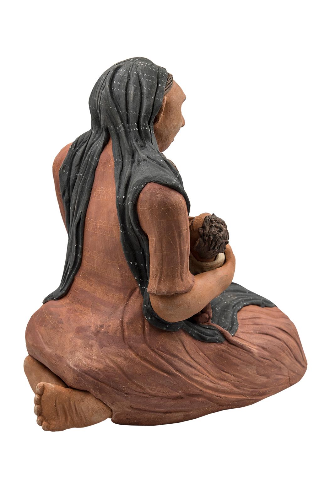 Mexikanische Oaxacan-Skulptur Mutter und Kind aus brüniertem Ton, Mixtec-Keramik (Volkskunst) im Angebot