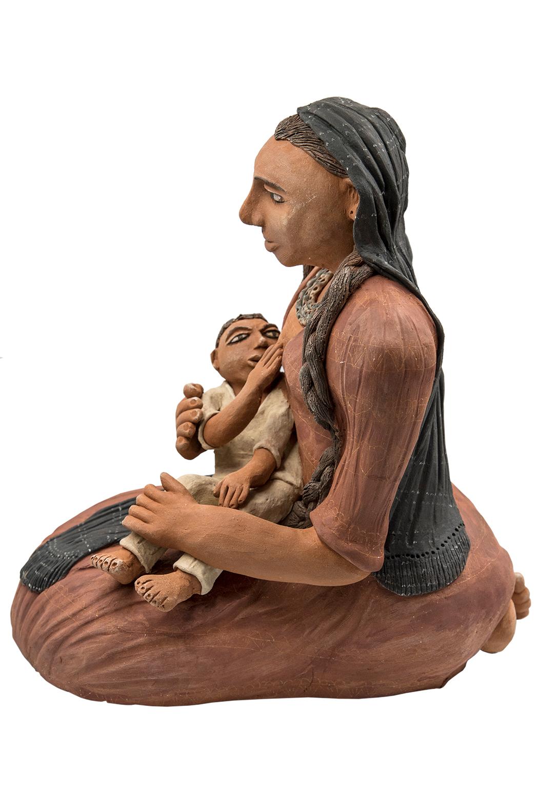 Mexikanische Oaxacan-Skulptur Mutter und Kind aus brüniertem Ton, Mixtec-Keramik (Handgefertigt) im Angebot