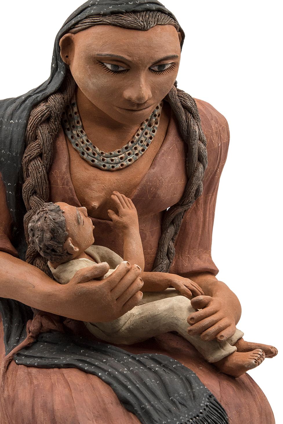 Hand-Crafted Mexican Burnished Clay Mother and Child Oaxacan Sculpture Mixtec Ceramic For Sale