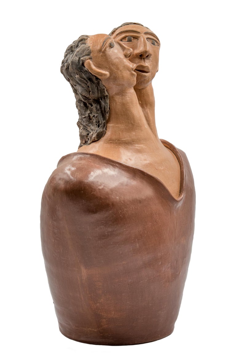 Mexican Burnished Clay Romance Torso Heart Couple Statue Contemporary