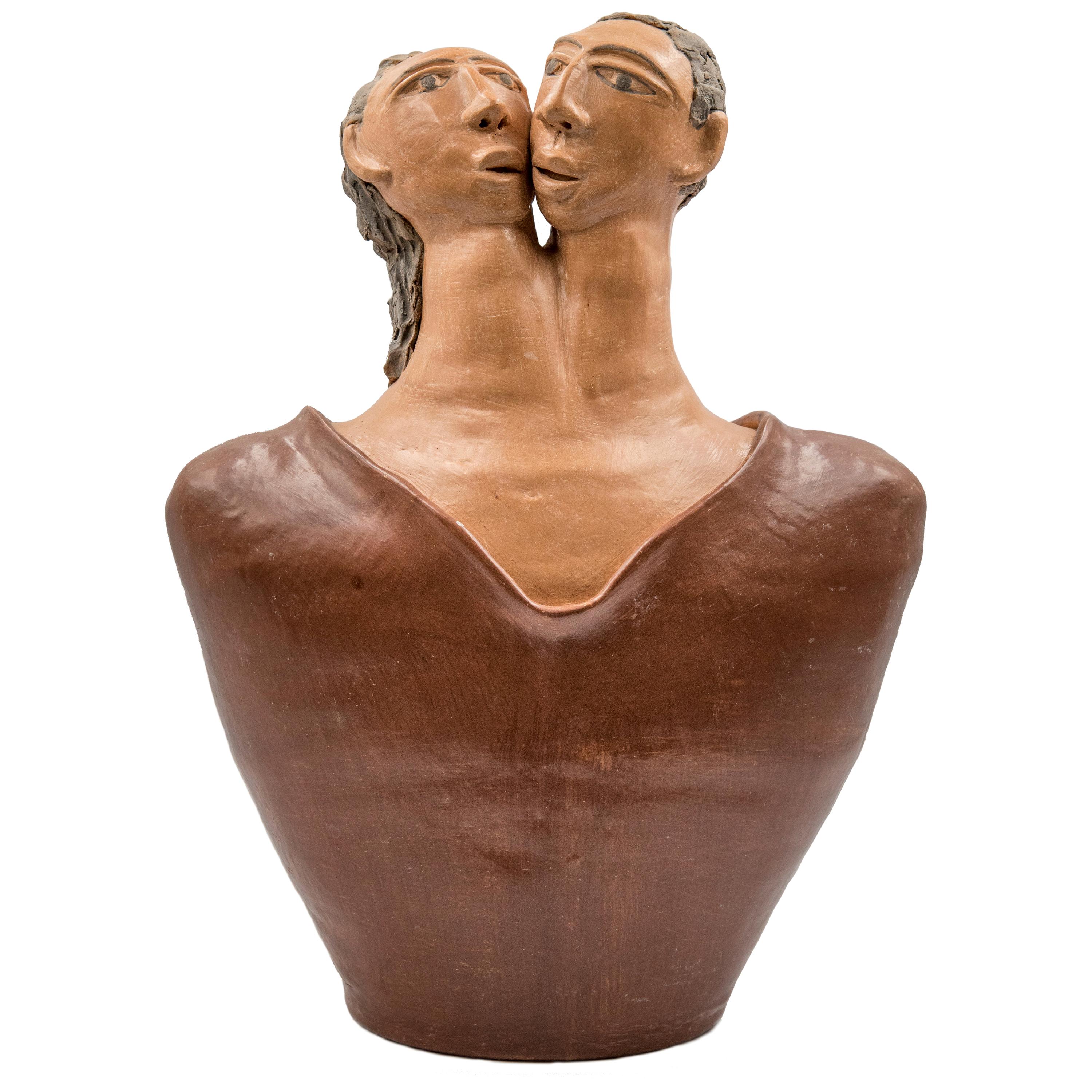 Mexican Burnished Clay Romance Torso Heart Couple Statue Contemporary Oaxaca 