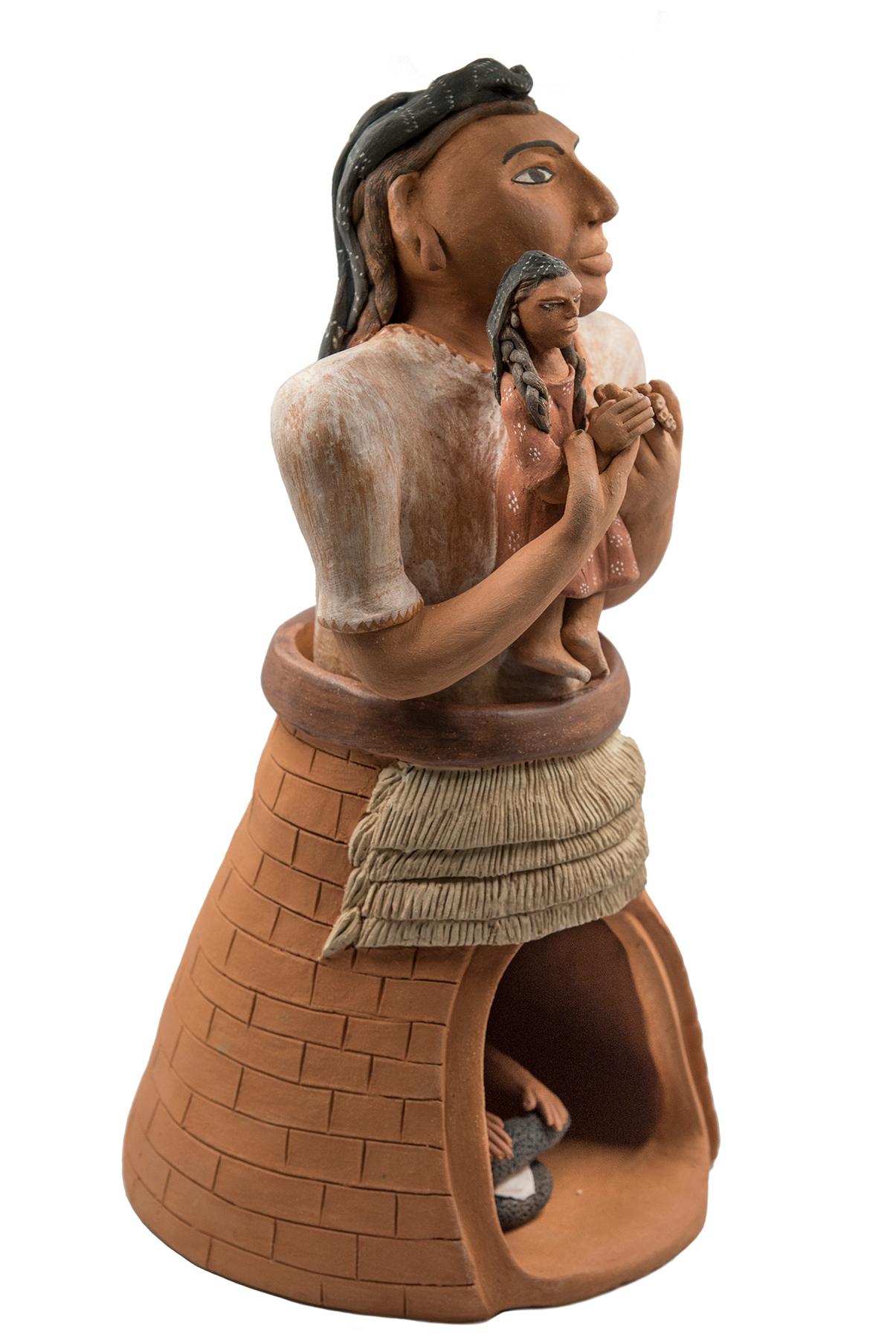 Mexikanische mexikanische brünierte Ton Frau mit Kind Oaxacan-Skulptur Mixtec Keramik (Volkskunst) im Angebot