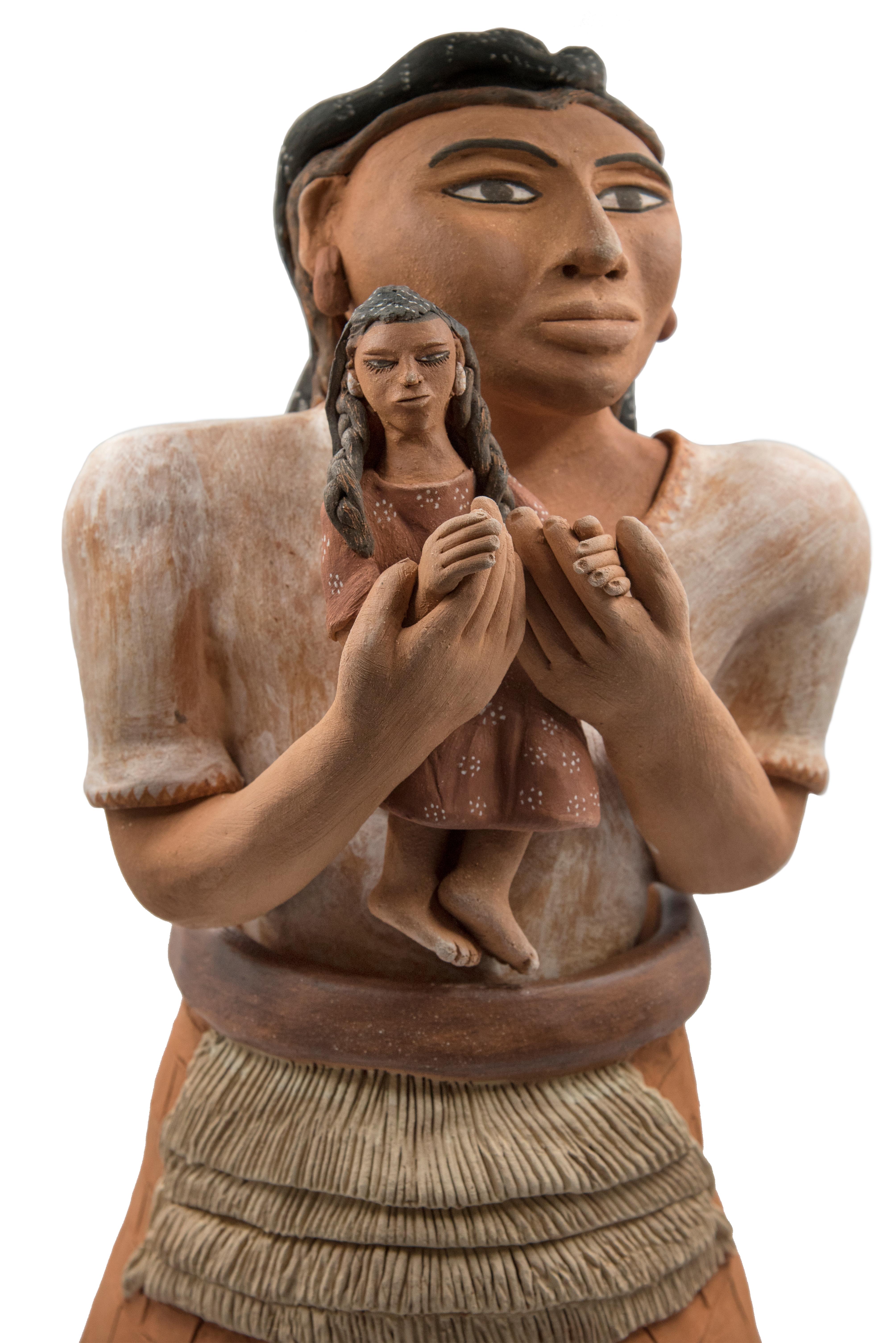 Mexikanische mexikanische brünierte Ton Frau mit Kind Oaxacan-Skulptur Mixtec Keramik (21. Jahrhundert und zeitgenössisch) im Angebot