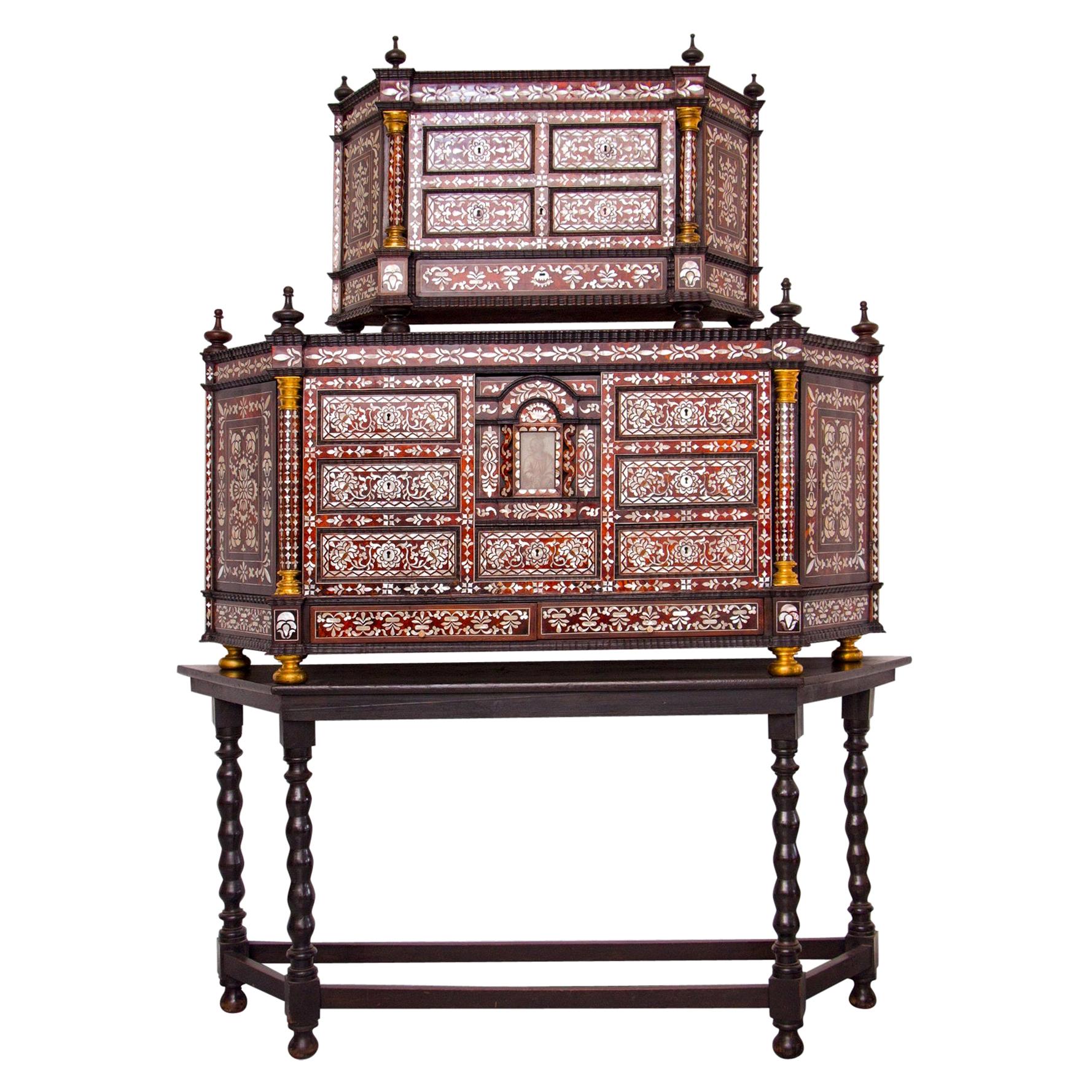Mexican Cabinet with Nacar Shell Inlays, the Base and the Columns are Bronze For Sale