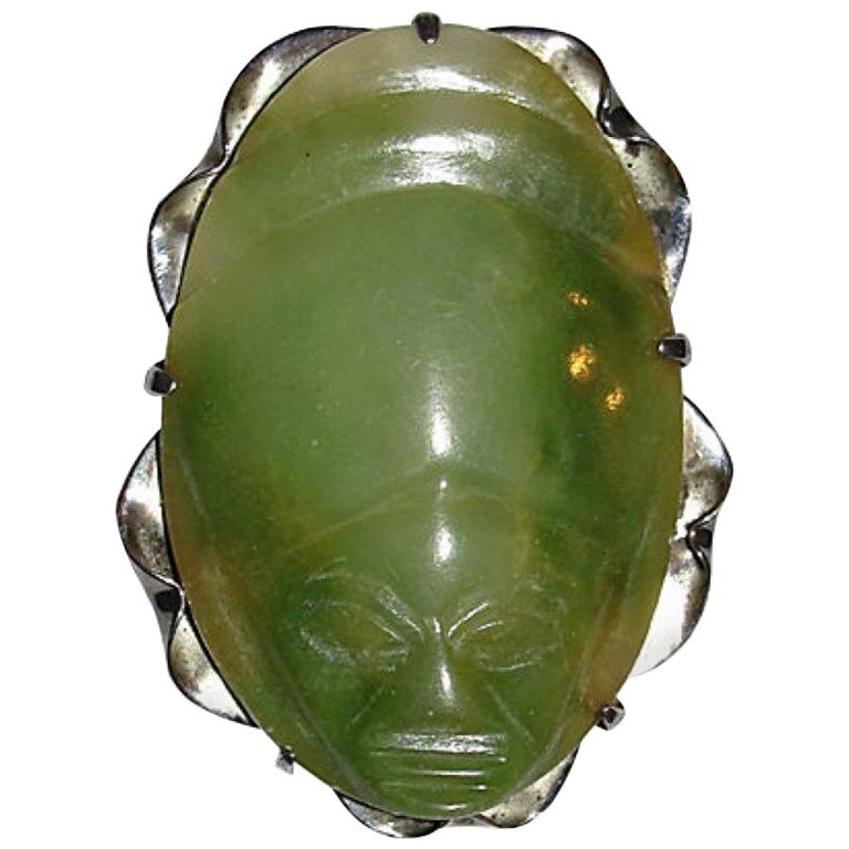 Mexican Carved Jade Sterling Silver Mask Pendant Brooch For Sale